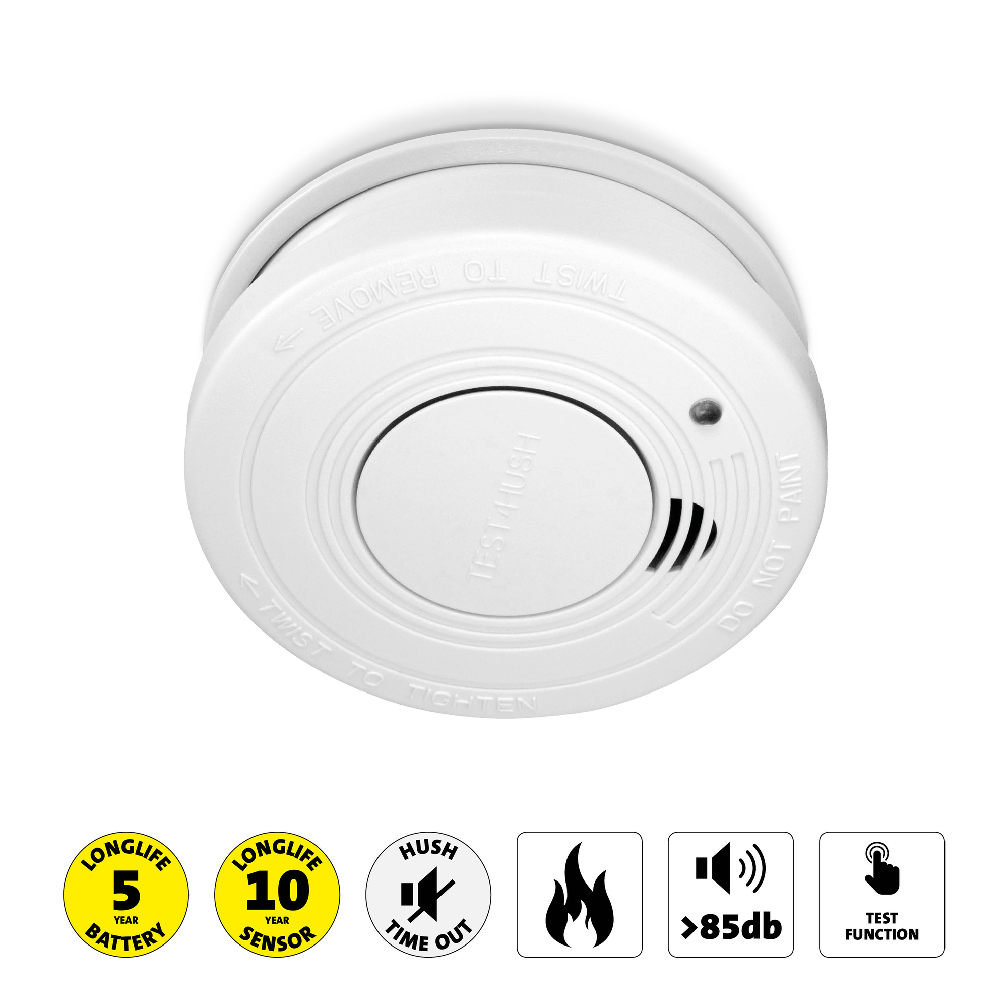 Biała czujka dymu z ikonami funkcji testowania i etykietą baterii/czujnika 5/10 lat.