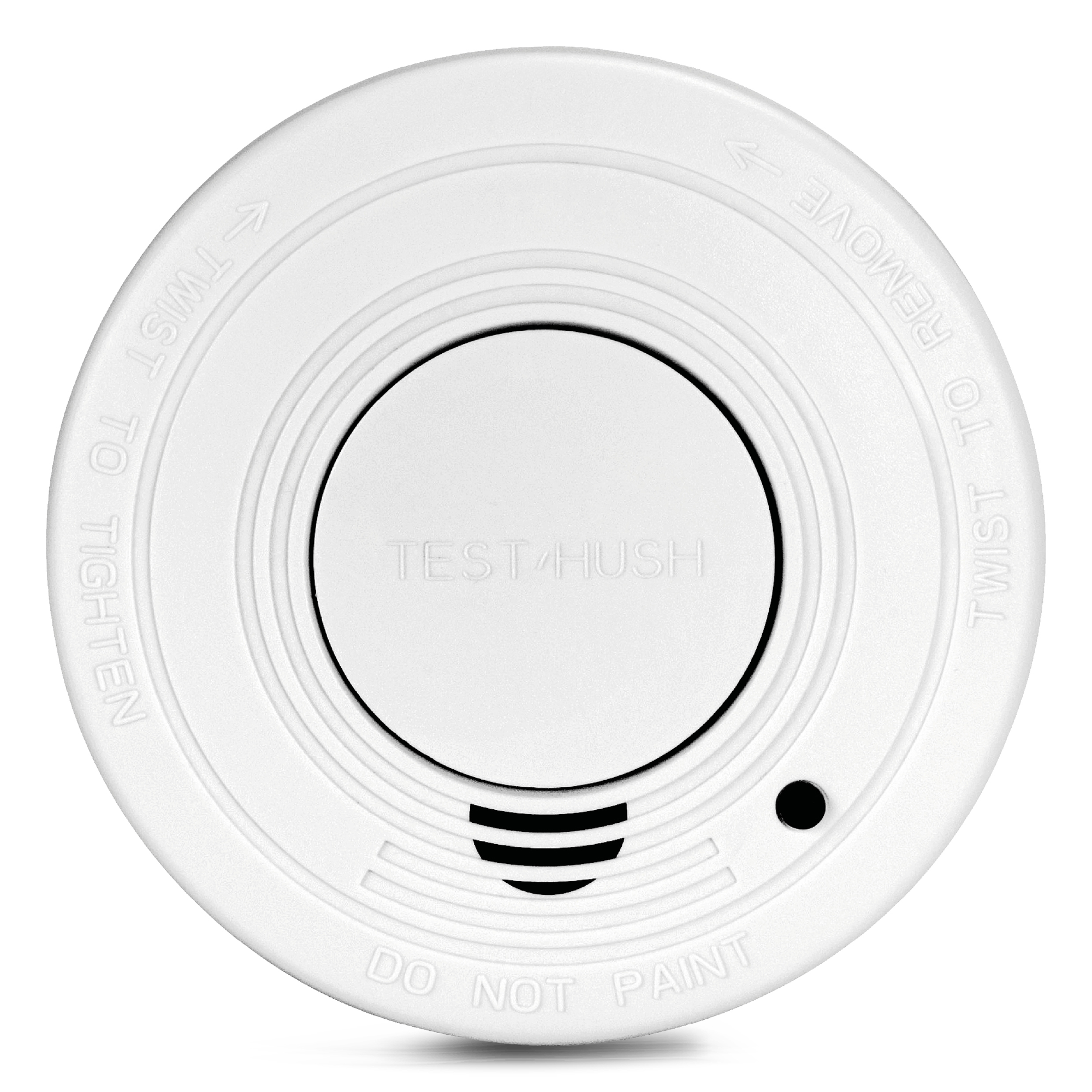 Biały czujnik dymu, okrągły, z tekstem: TEST/HUSH, i strzałkami wskazującymi obrót w celu dokręcenia/usunięcia.