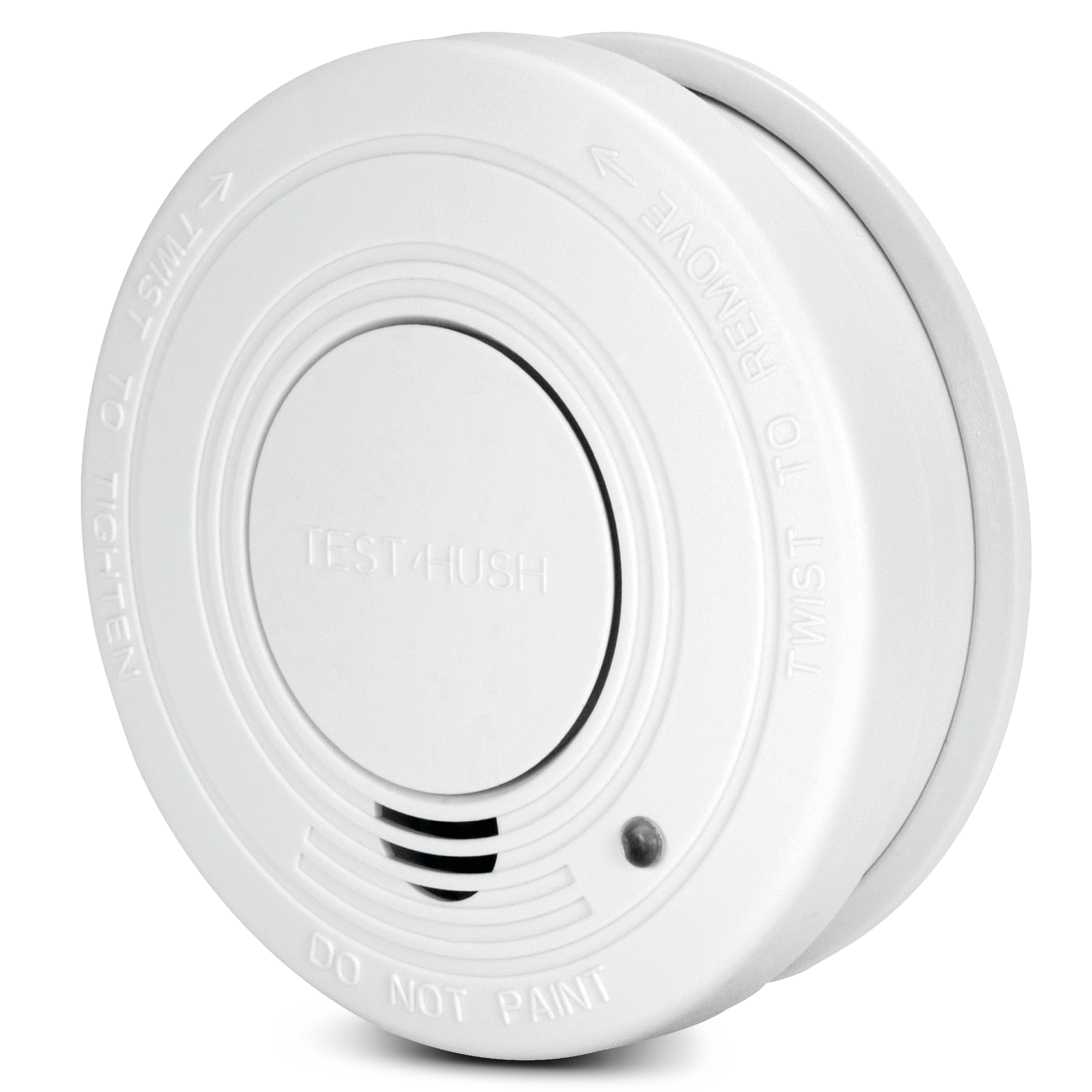 Biały czujnik dymu z przyciskiem test/wycisz, z napisem 'Do Not Paint'.