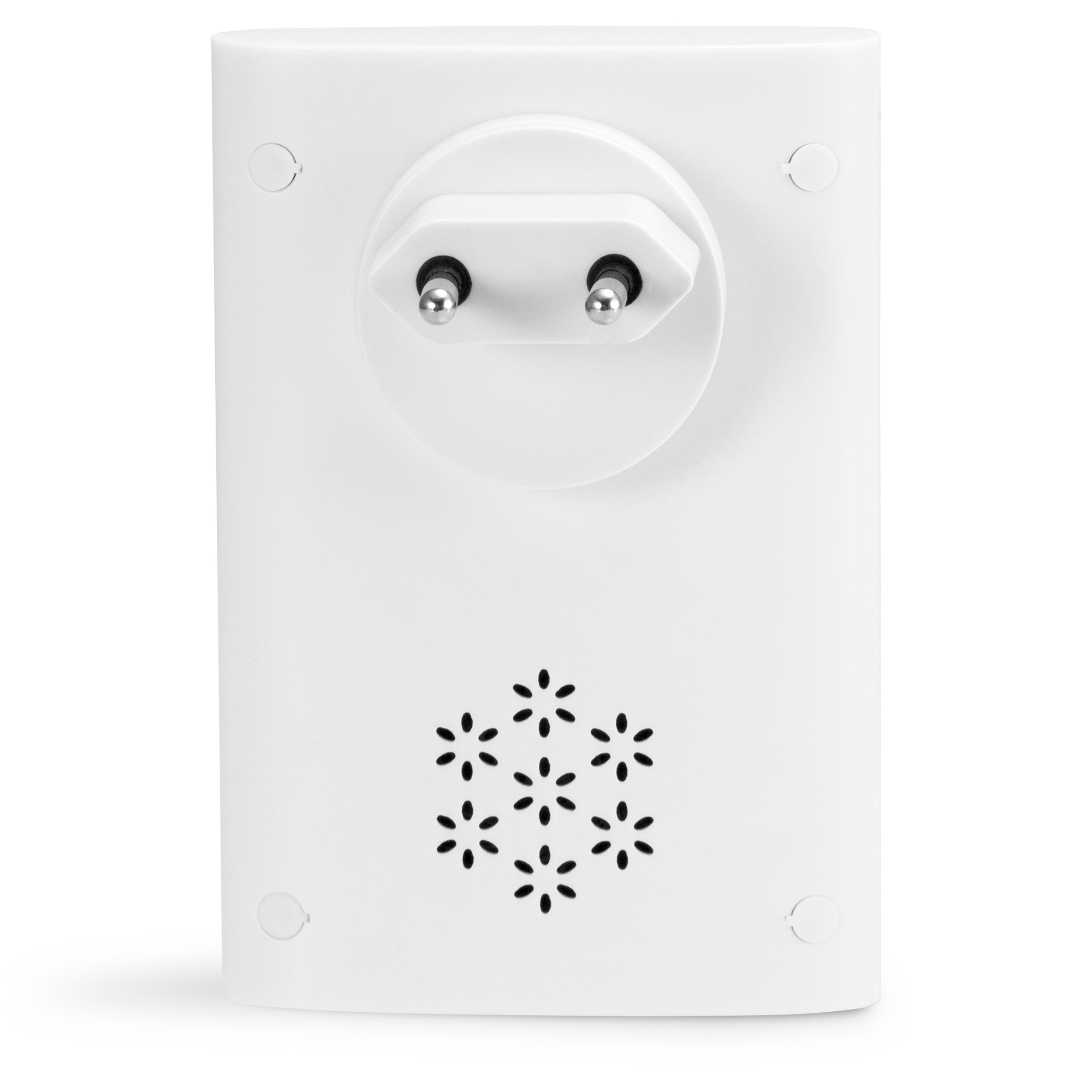 Weißer Wandstecker mit einer europäischen Steckdose. Die Vorderseite hat blumenförmige Löcher.