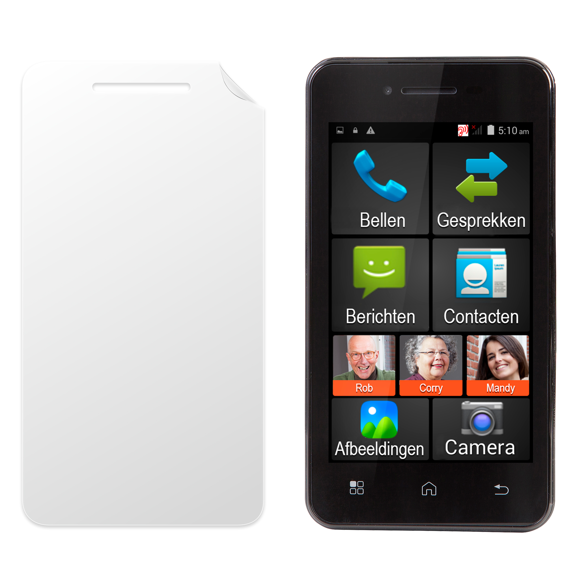 A black smartphone with a screen protector and a home screen with app icons.