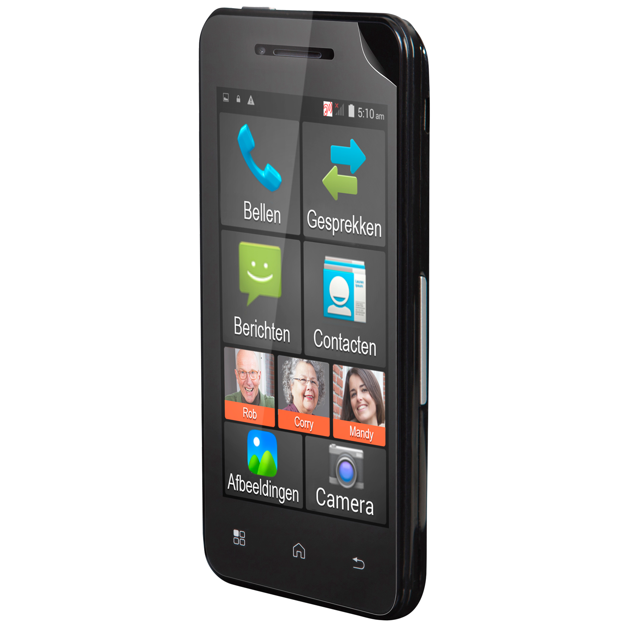 A black smartphone displays a home screen with app icons. The phone is angled. White background.