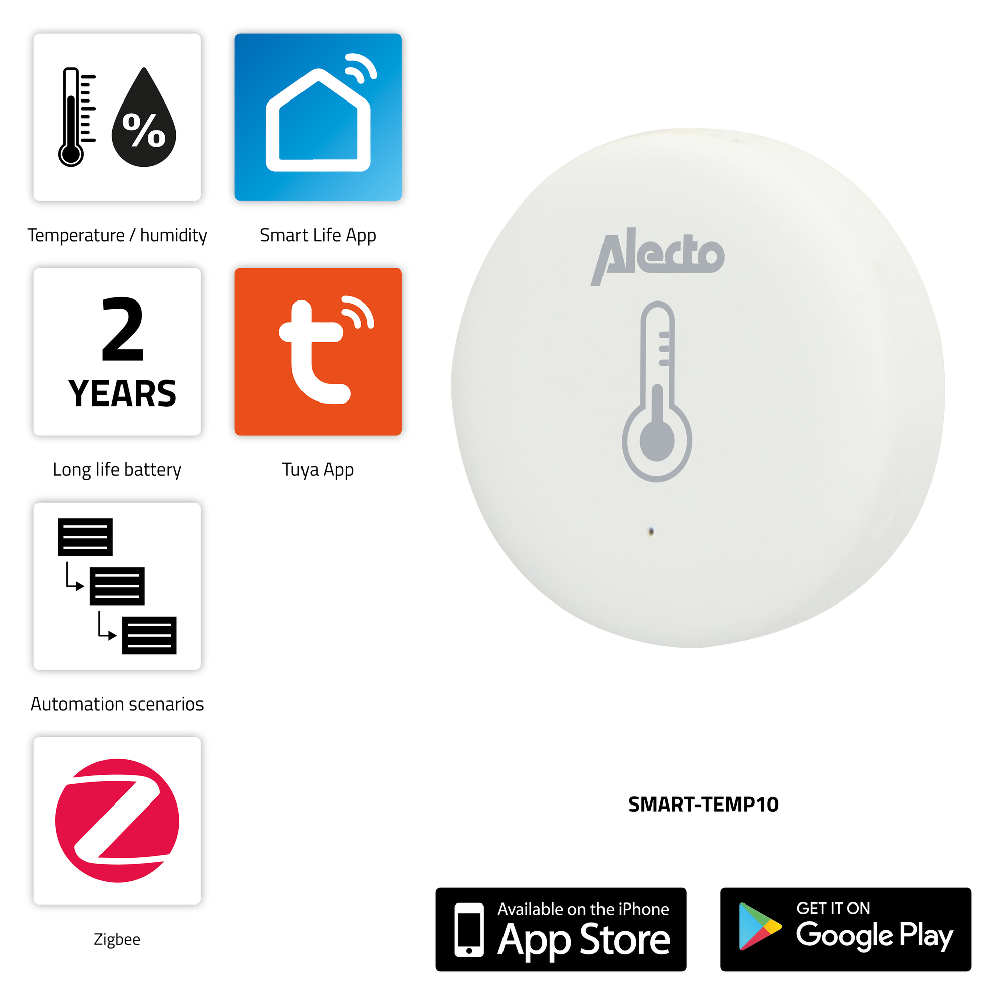 ALECTO SMART-TEMP10 - Smart und Weiß Temperatur- Feuchtigkeitssensor