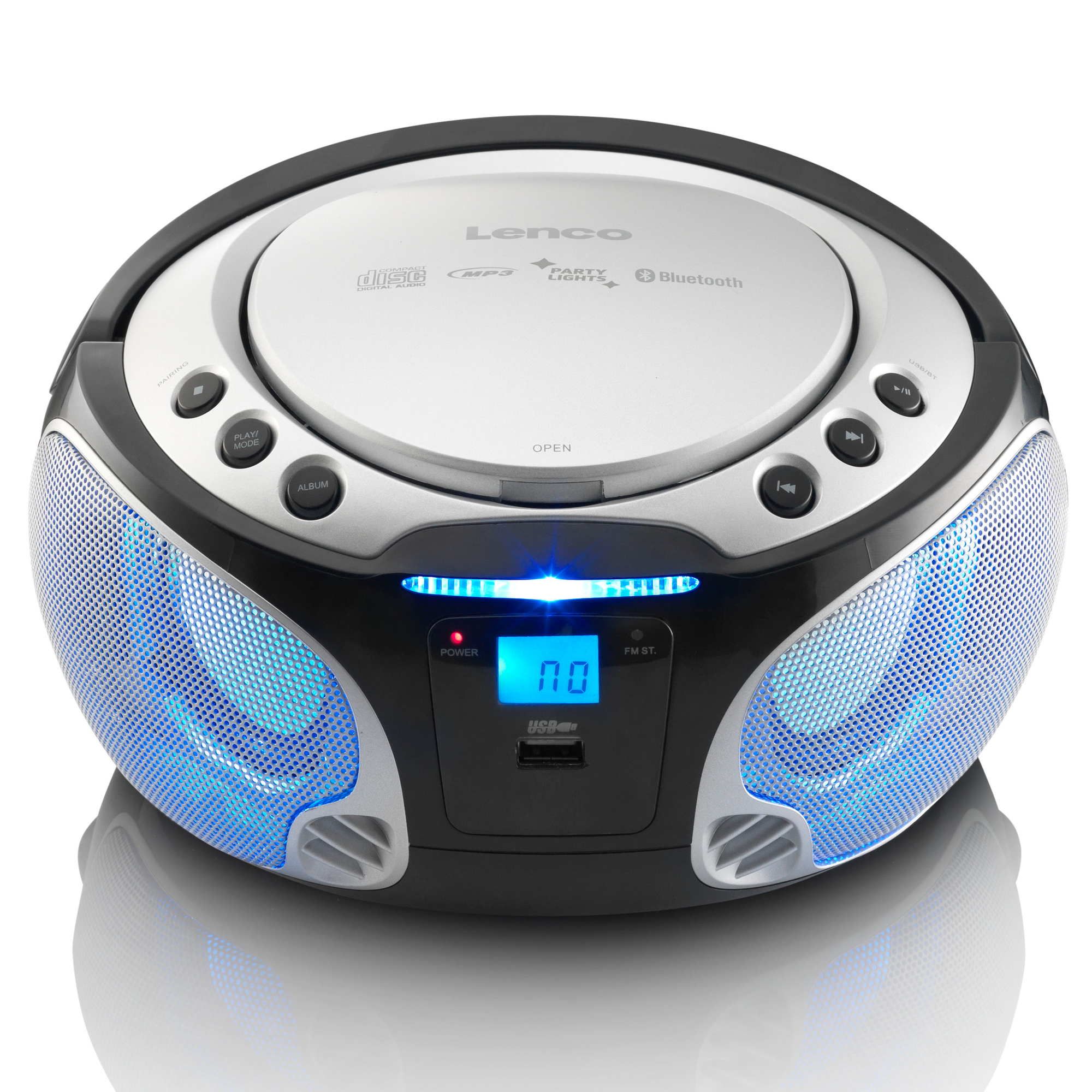 Black and silver Lenco CD player with blue light accents. It has a display and various control buttons.