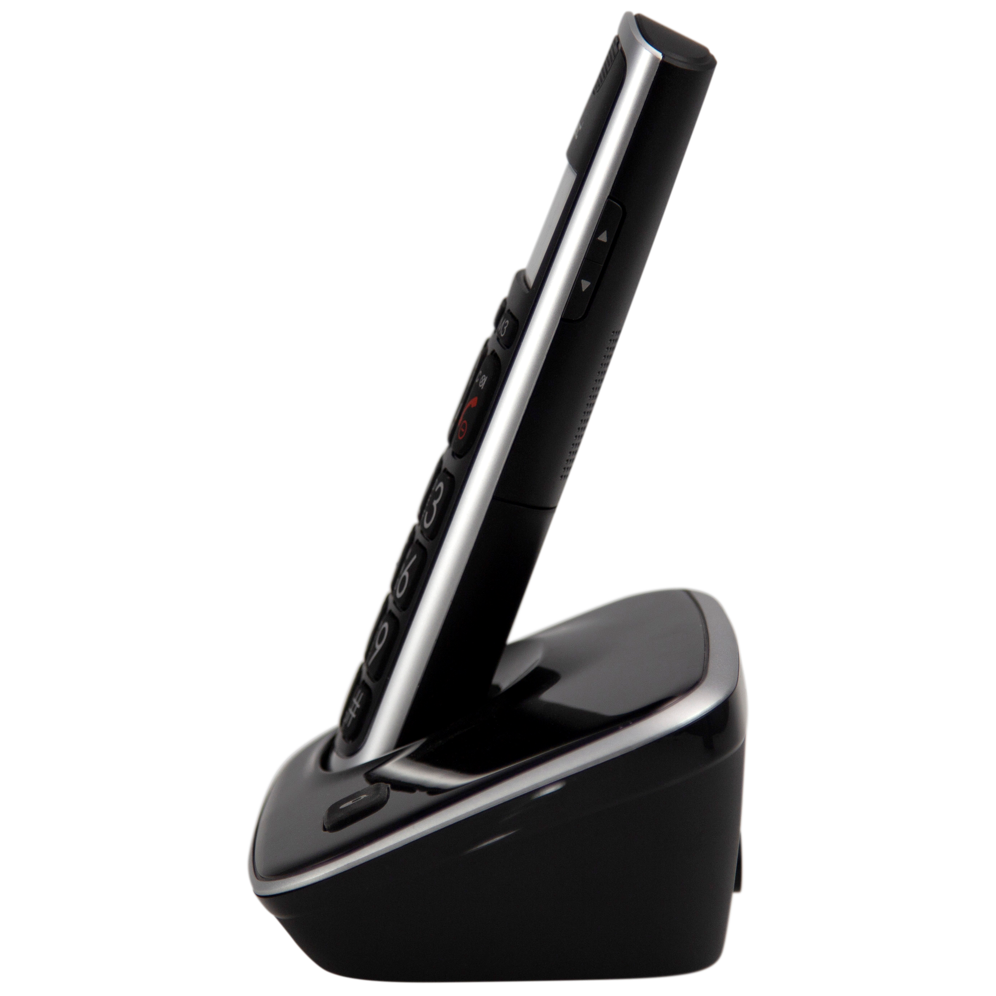 Eine schwarze schnurlose Telefonbasis mit einem Telefon darauf, von der Seite gesehen.
