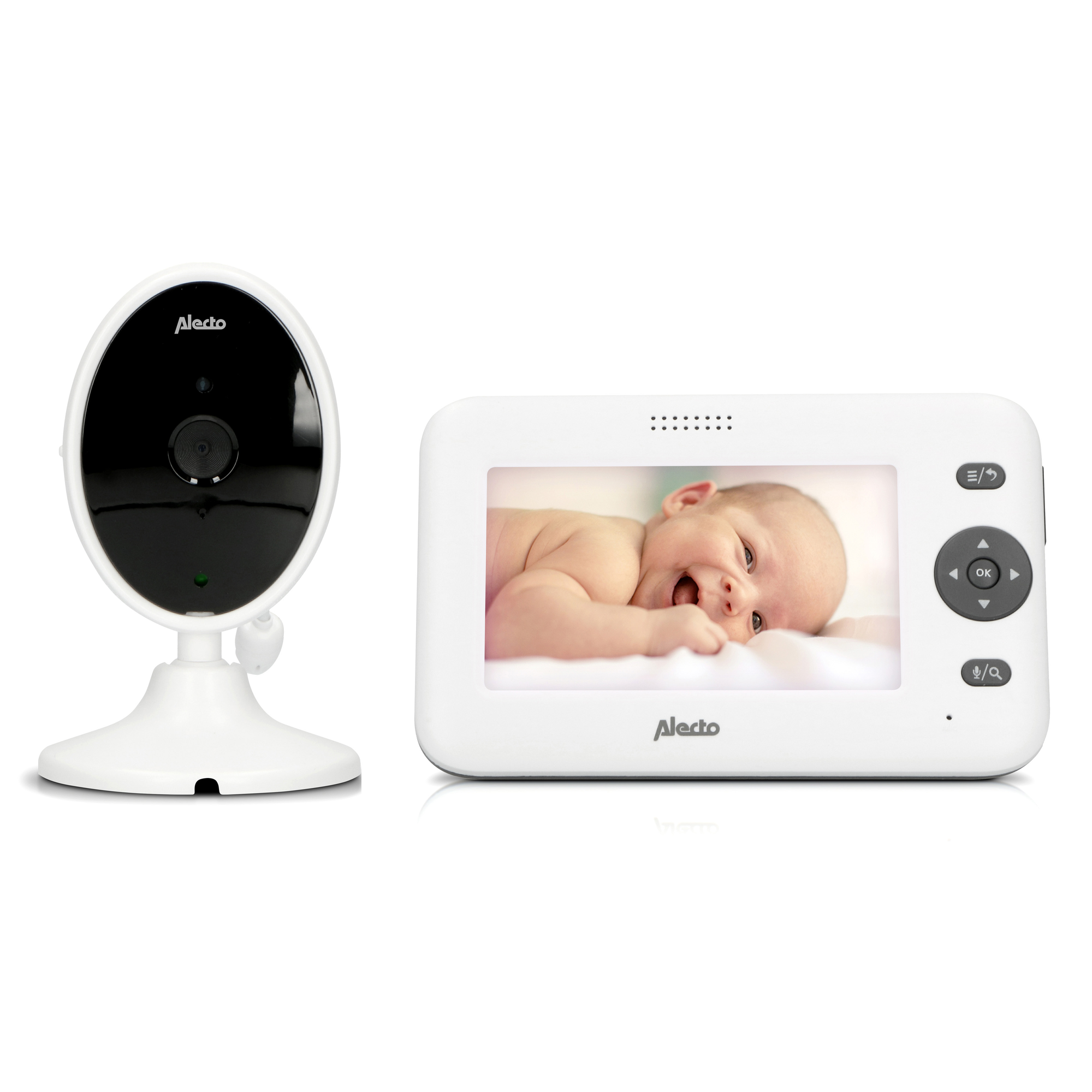 Baby monitor with a camera and a screen. The screen shows a baby. The brand name 'Alecto' is visible.