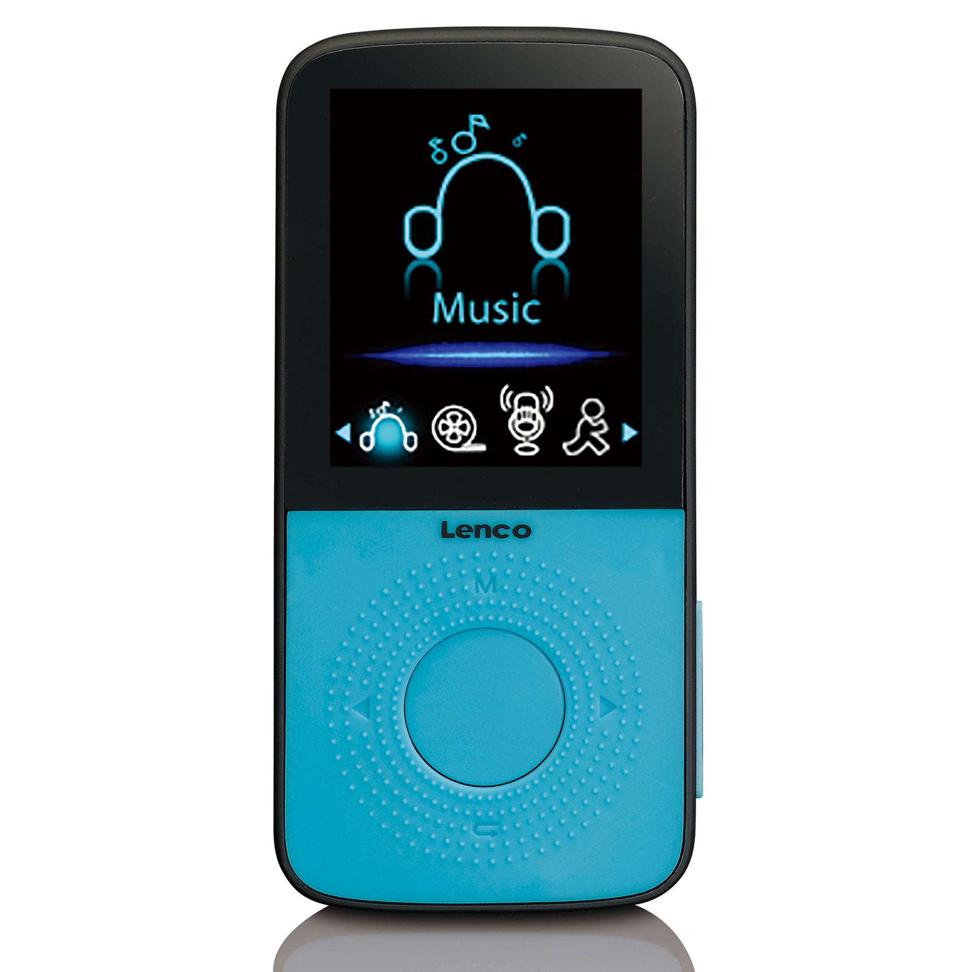 Blau-schwarzer MP3-Player mit einem Bildschirm, der Kopfhörer und das Wort Musik zeigt.