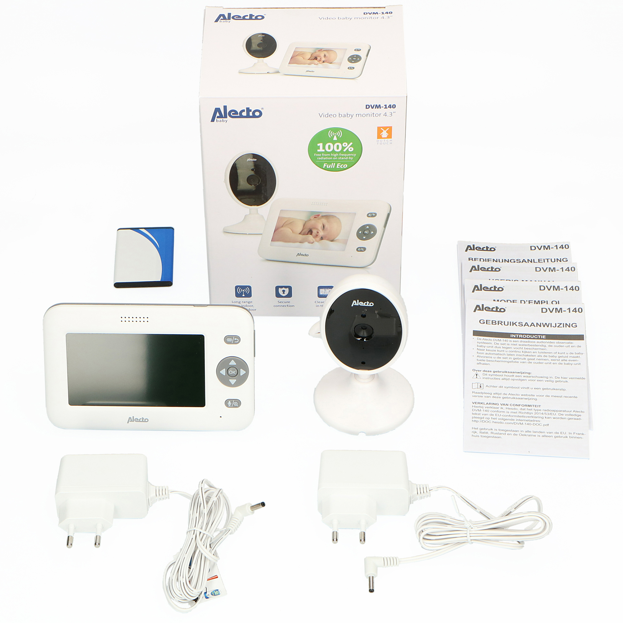 Baby monitor set: camera, monitor, charger, and instruction. White and black. Package in the background.