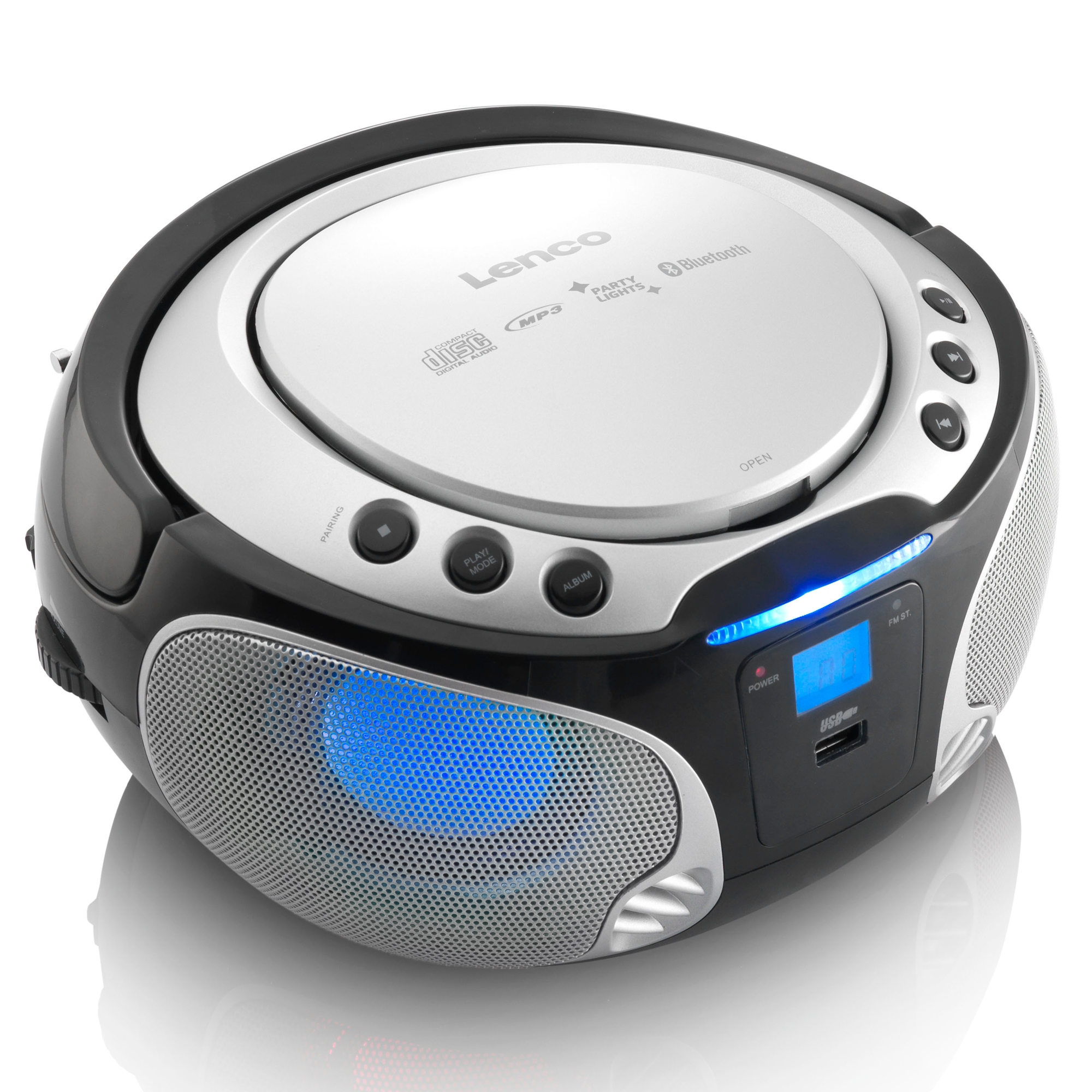 A black and silver Lenco CD player with a blue light and a digital display.