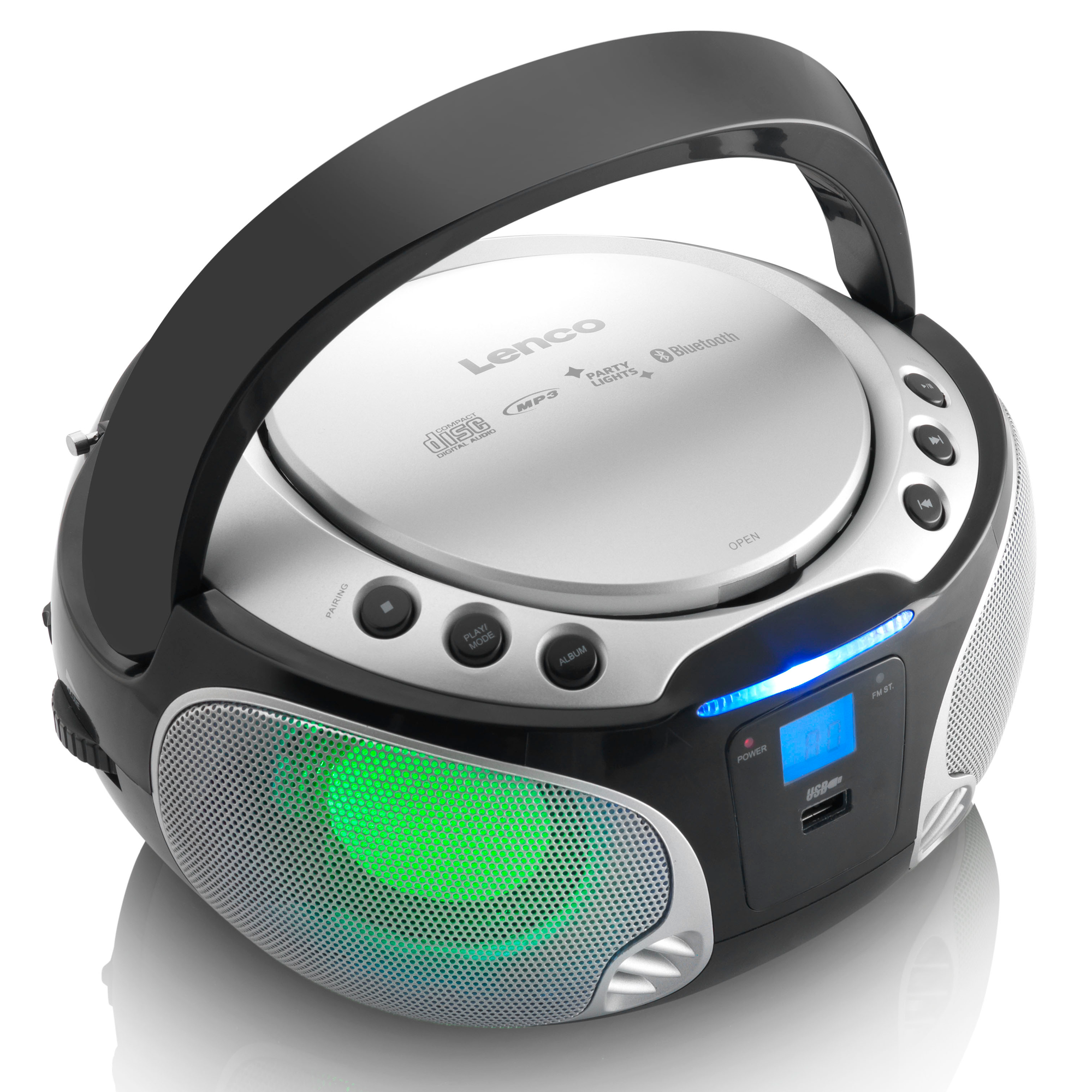 Black and silver Lenco CD player boombox with lights and controls.