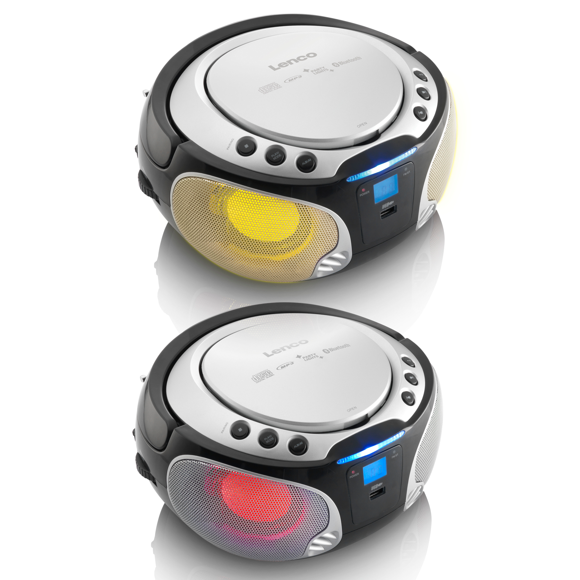 Two black and silver CD players, one with yellow and one with red speaker lights.