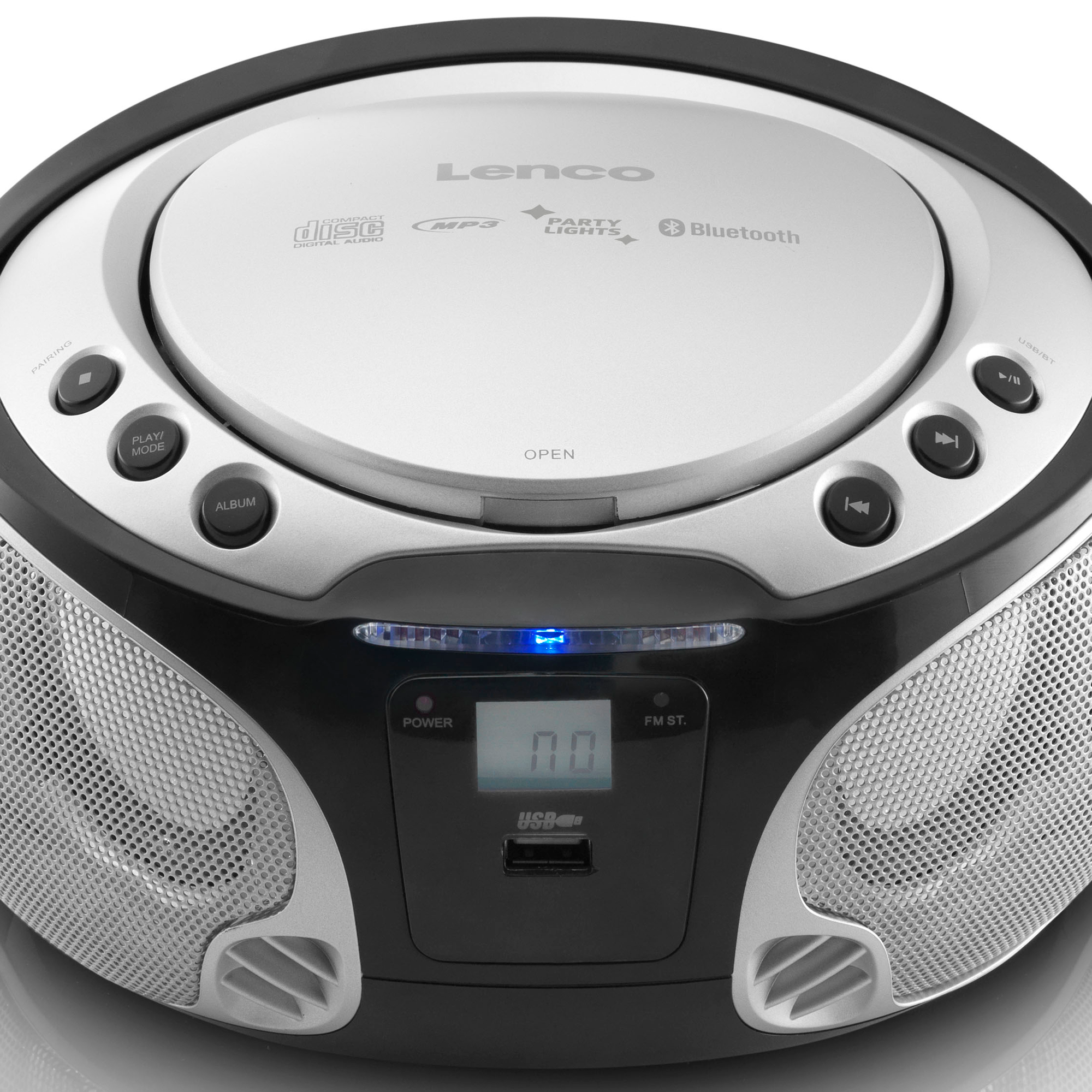 A black and silver CD player with a USB port. The text Lenco is on the top.
