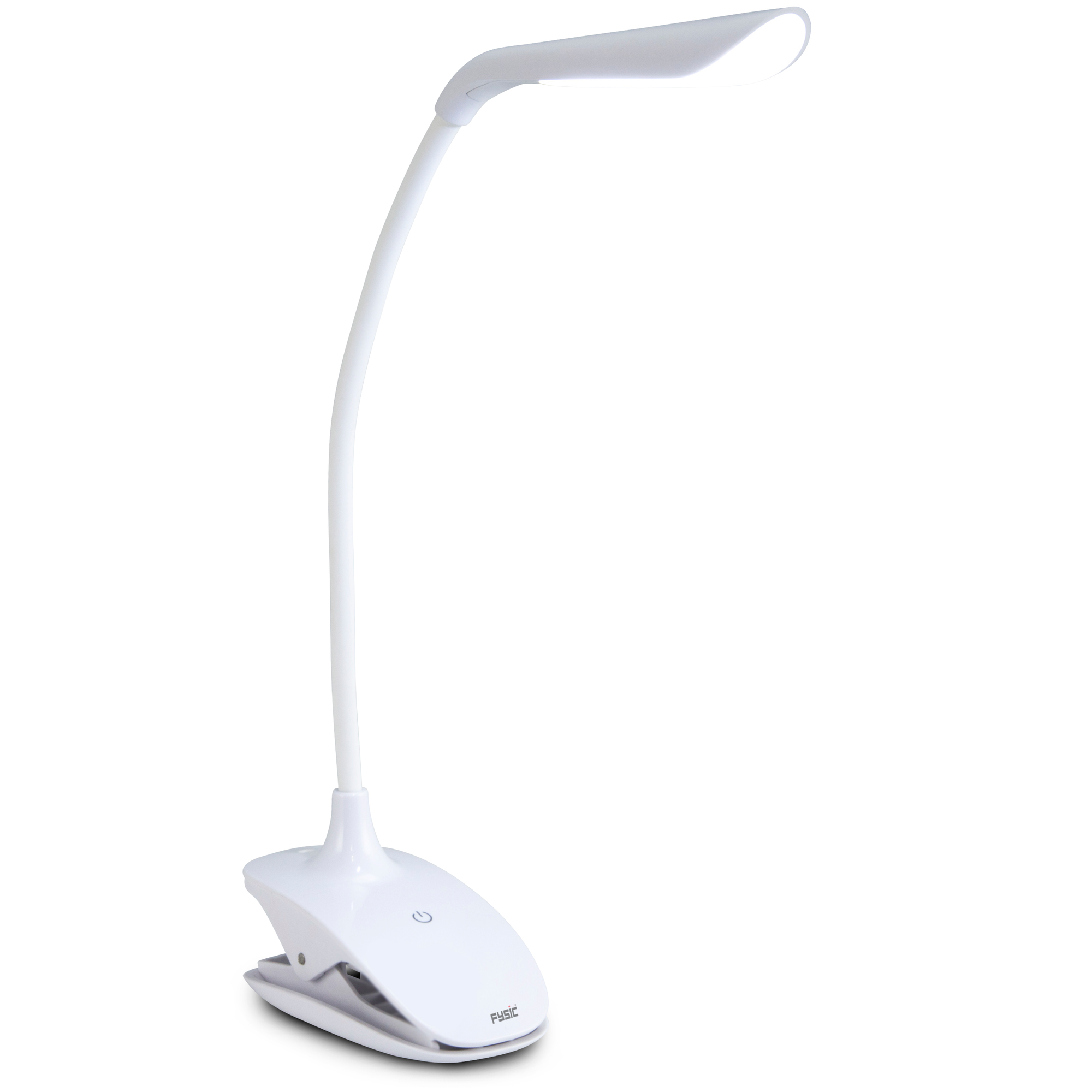 Een witte bureaulamp op een witte achtergrond.