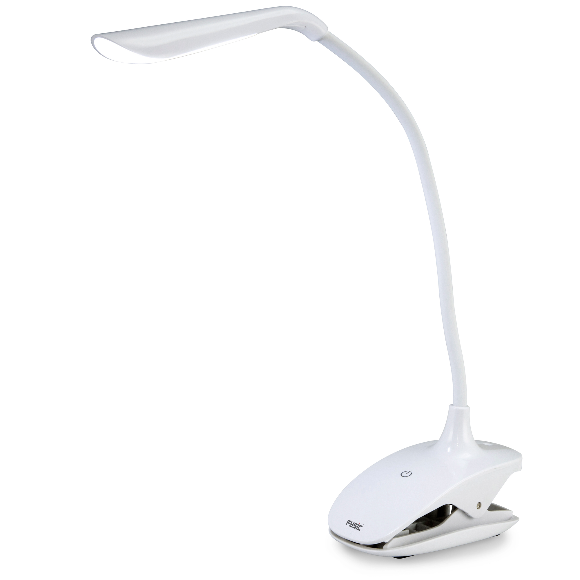 Witte bureaulamp met een gebogen hals en een klemvoet, op een witte achtergrond.