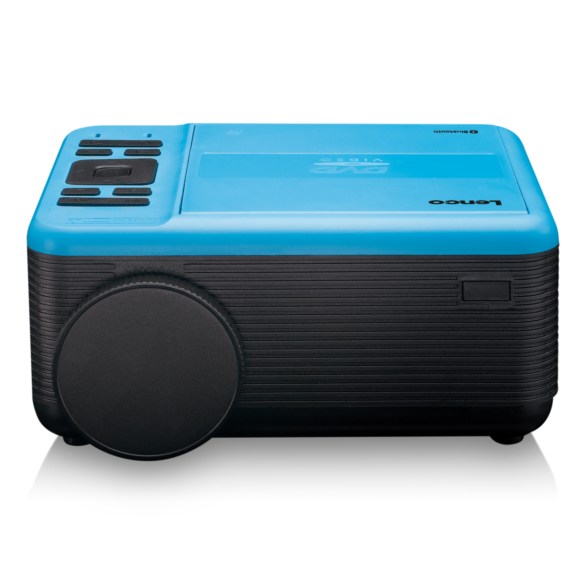 Niebieski i czarny projektor. Ma czarny obiektyw, przyciski sterowania i markę Lenco.