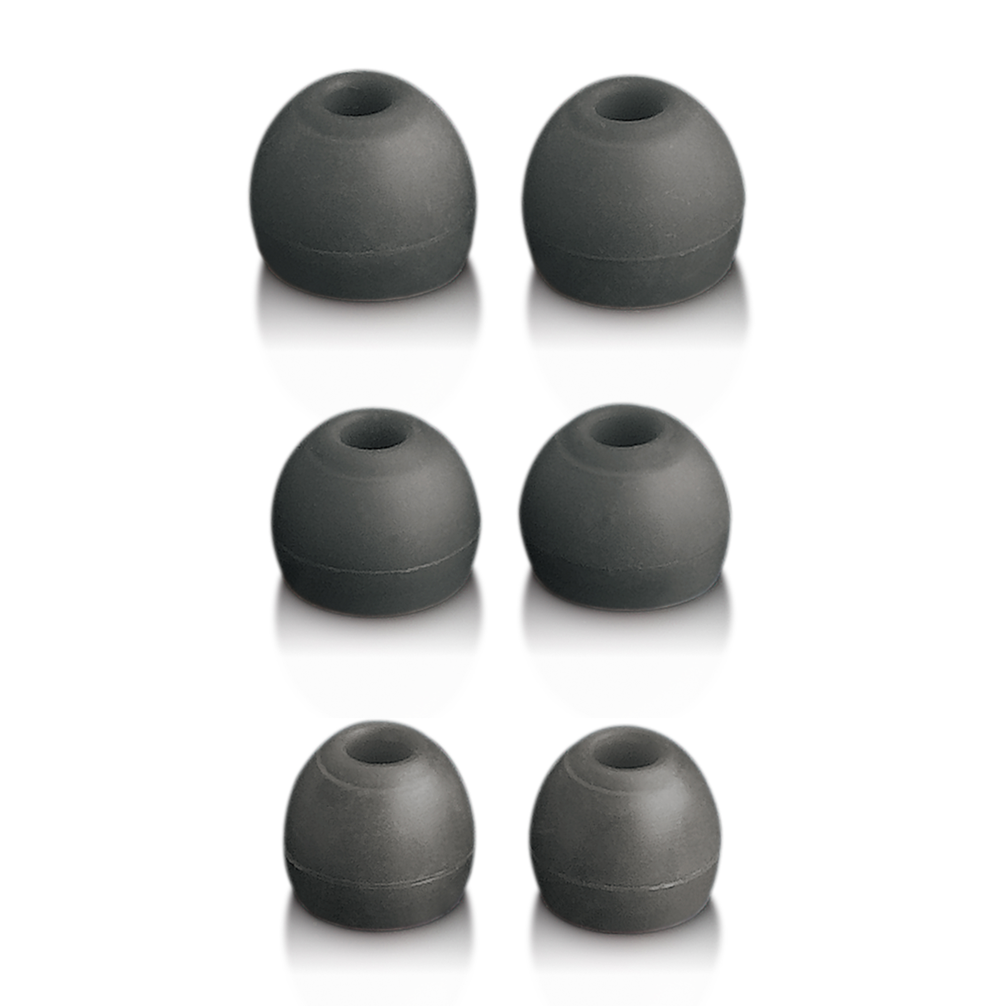 Sechs graue Ohrstöpsel in zwei Reihen angeordnet. Sie sind abgerundet und haben ein schlichtes, glattes Design.