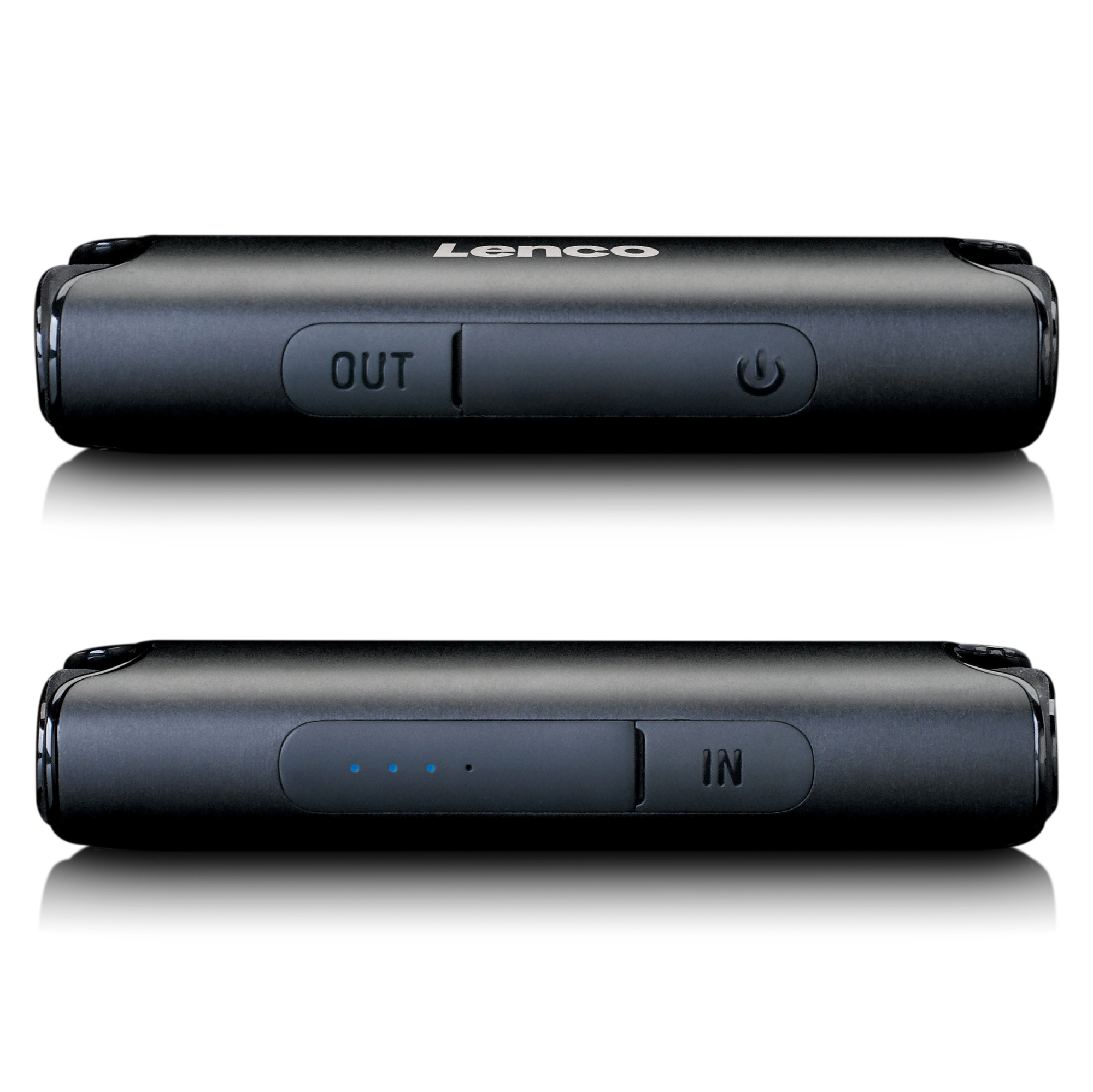 Ein schwarzer Audioplayer mit Knöpfen. Die Ober- und Unterseite sind sichtbar, mit 'OUT' und 'IN' markiert.
