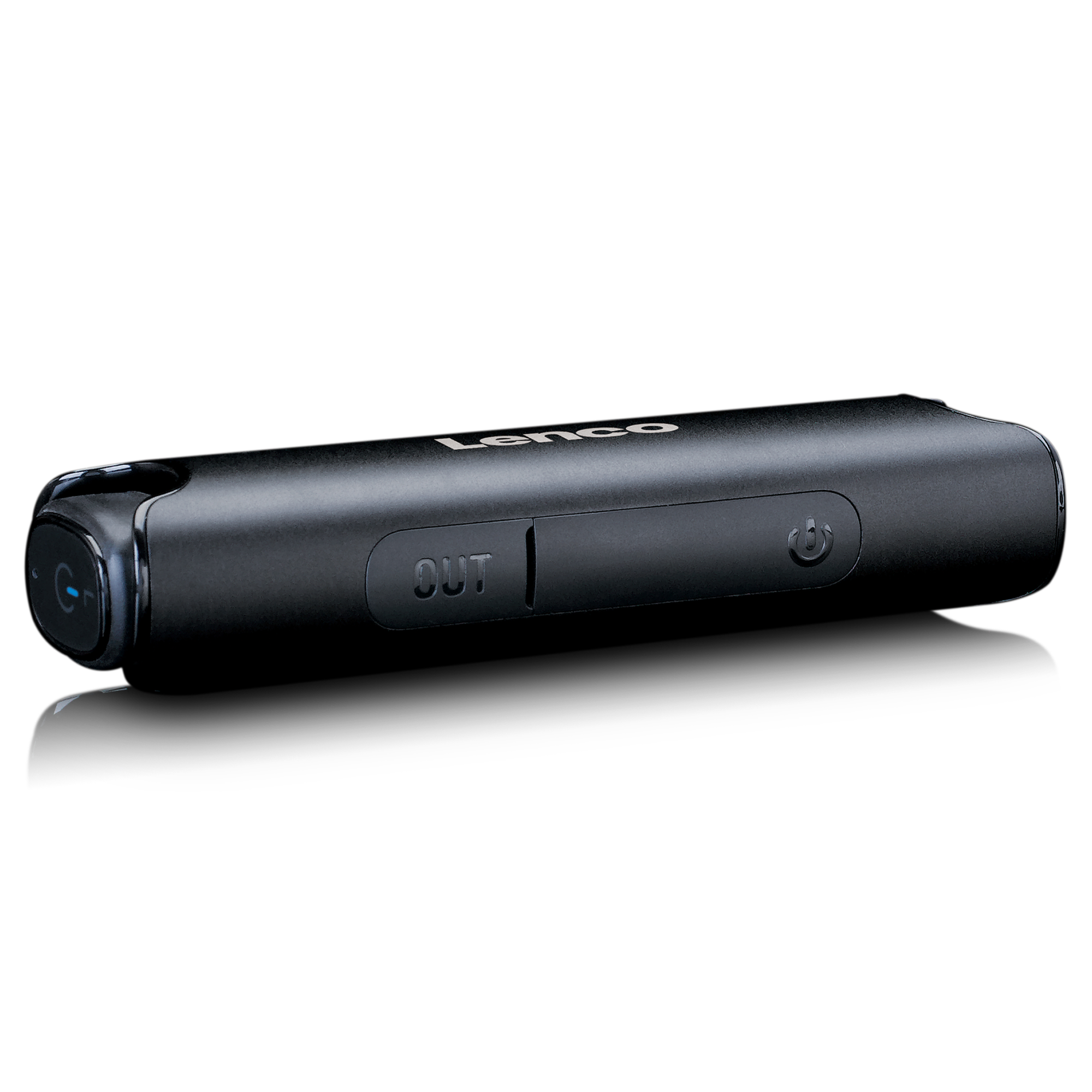 Schwarzer Bluetooth-Empfänger mit Knöpfen und Anschlüssen. Weißer Hintergrund.