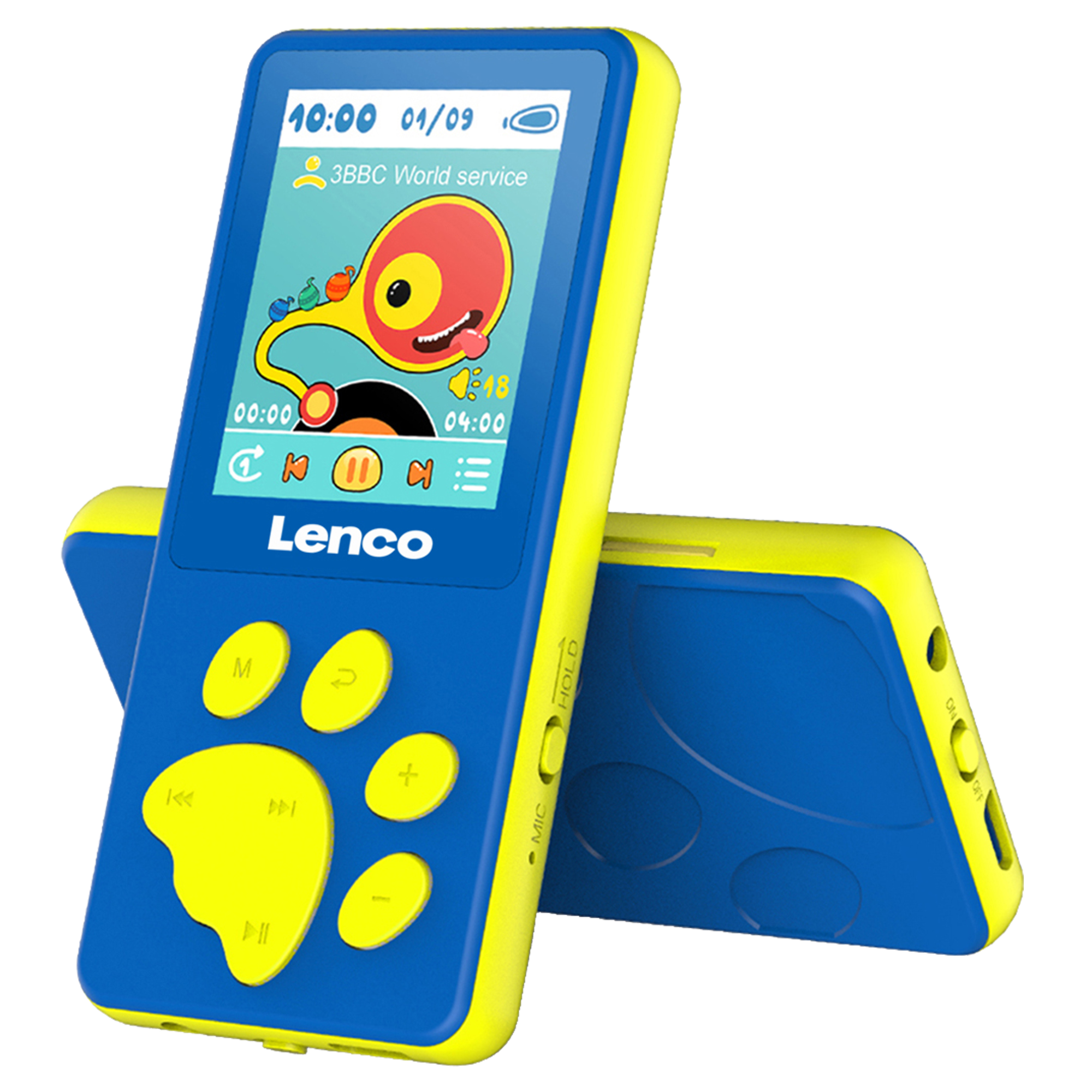 Blauer und gelber MP3-Player mit Cartoon-Anzeige. Zwei werden gezeigt.