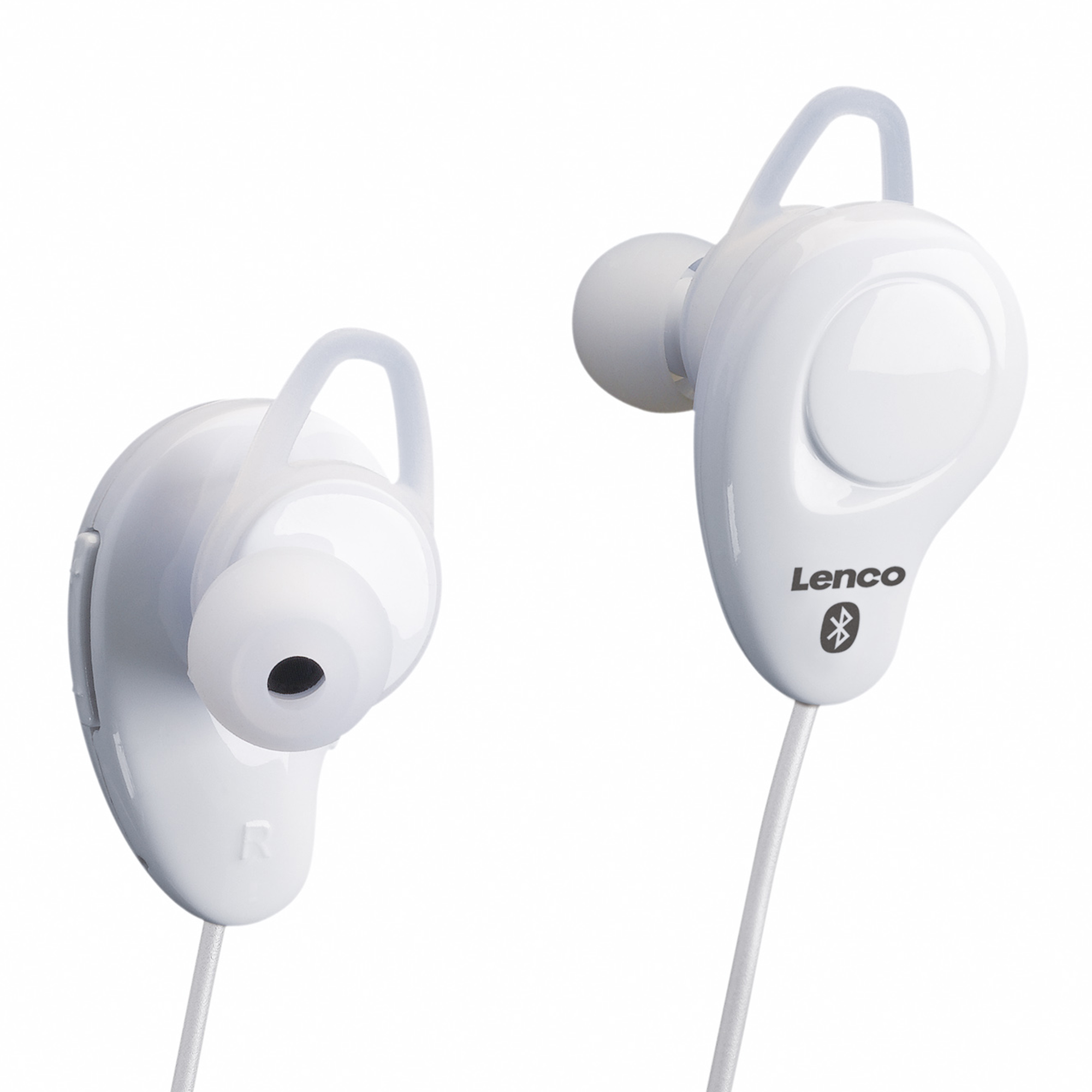 Weiße Lenco-Kopfhörer mit Kabel. Die Kopfhörer haben ein gebogenes Design und das Lenco-Logo.