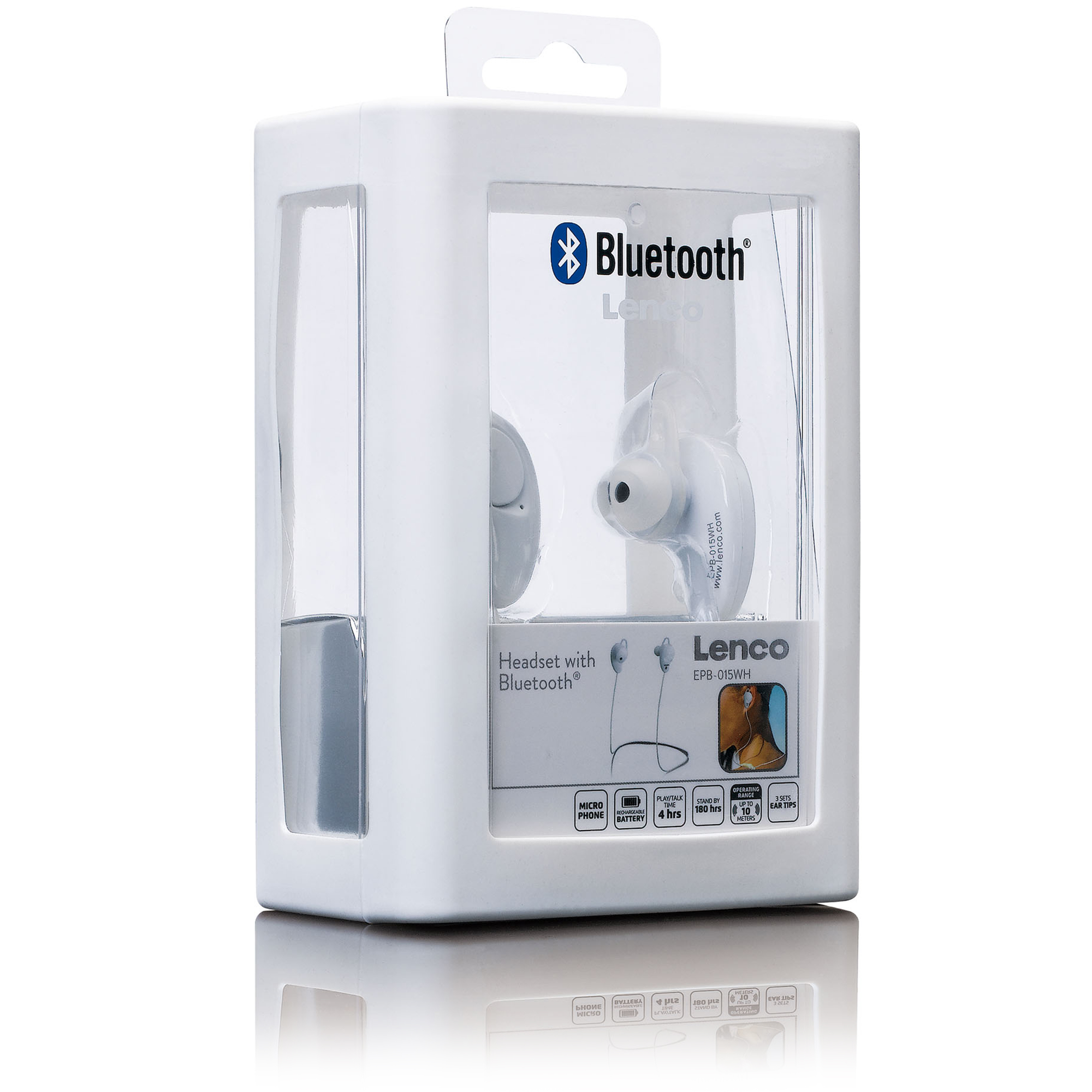 Weiße Headset-Box mit Ohrhörern darin. Weißer Hintergrund.