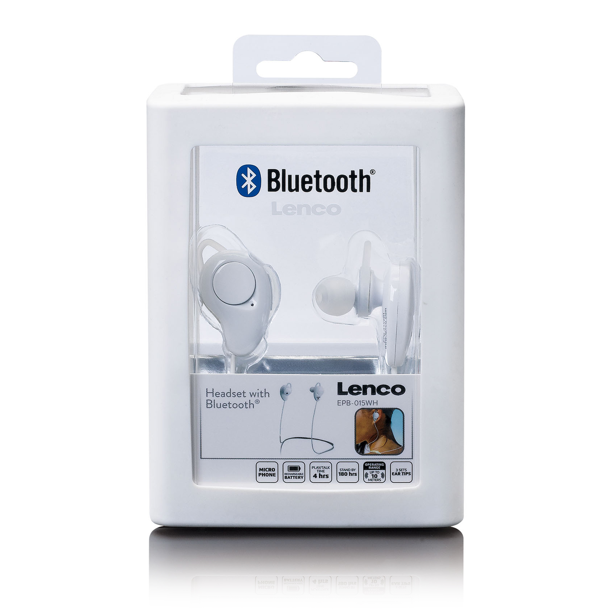 Eine weiße Box mit einem Headset mit Bluetooth. Das Headset ist weiß und hat ein Mikrofon und Ohrstöpsel.