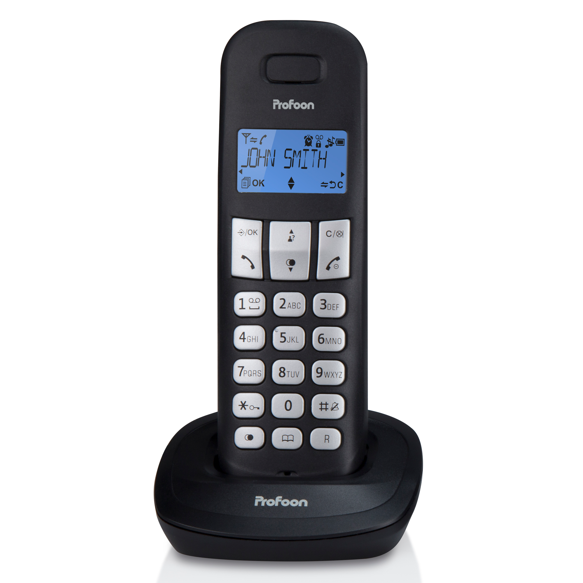 Ein schwarzes schnurloses Telefon auf seiner Basis, mit einem Bildschirm, der einen Namen anzeigt.