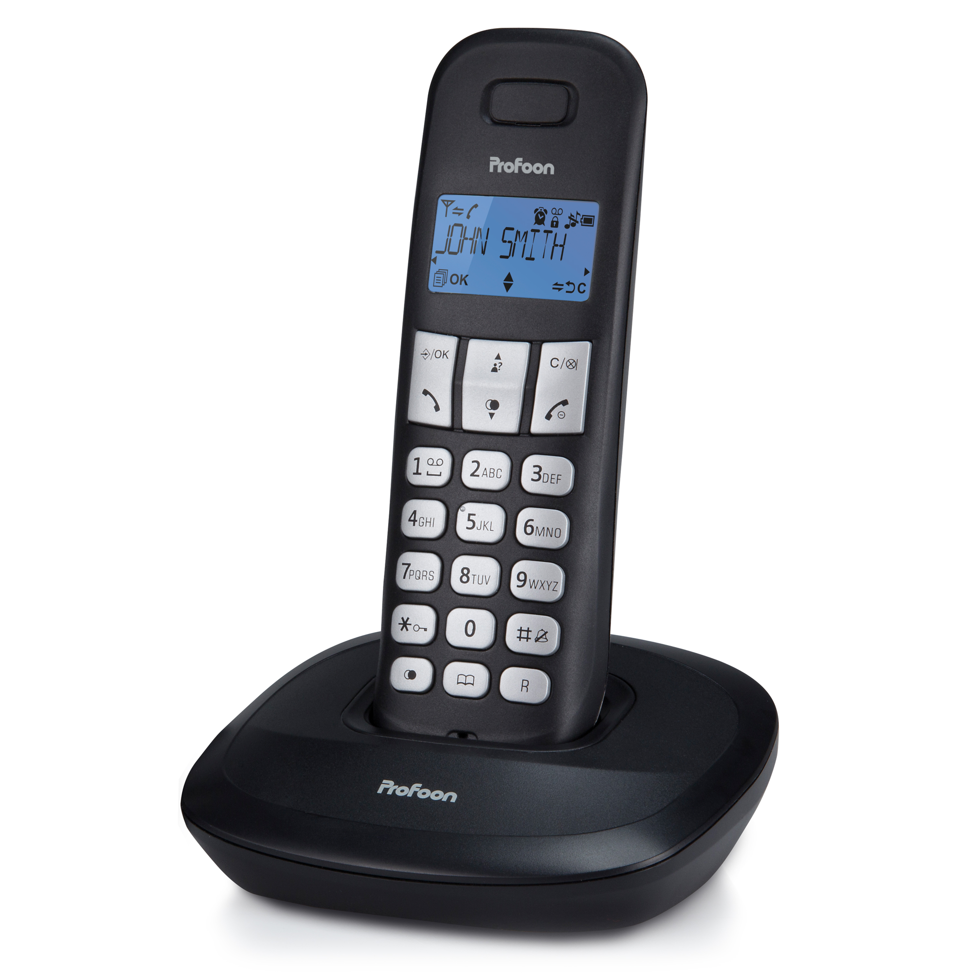 Ein schwarzes Telefon mit einem Bildschirm, auf dem ein Name angezeigt wird, auf einer Ladestation. Weiße Tasten am Telefon.