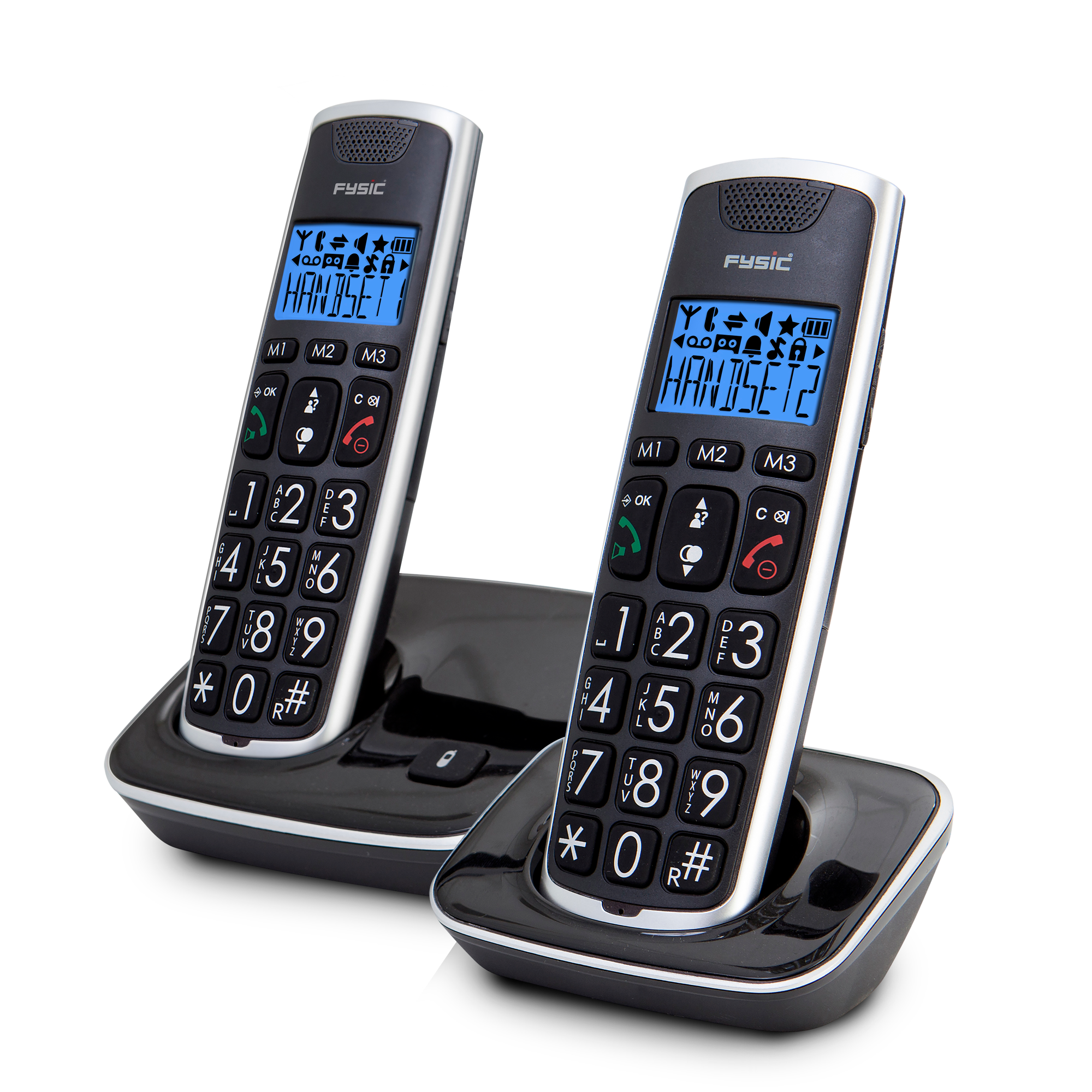 Deux téléphones sans fil noirs avec de gros boutons et écrans sur une base de chargement.
