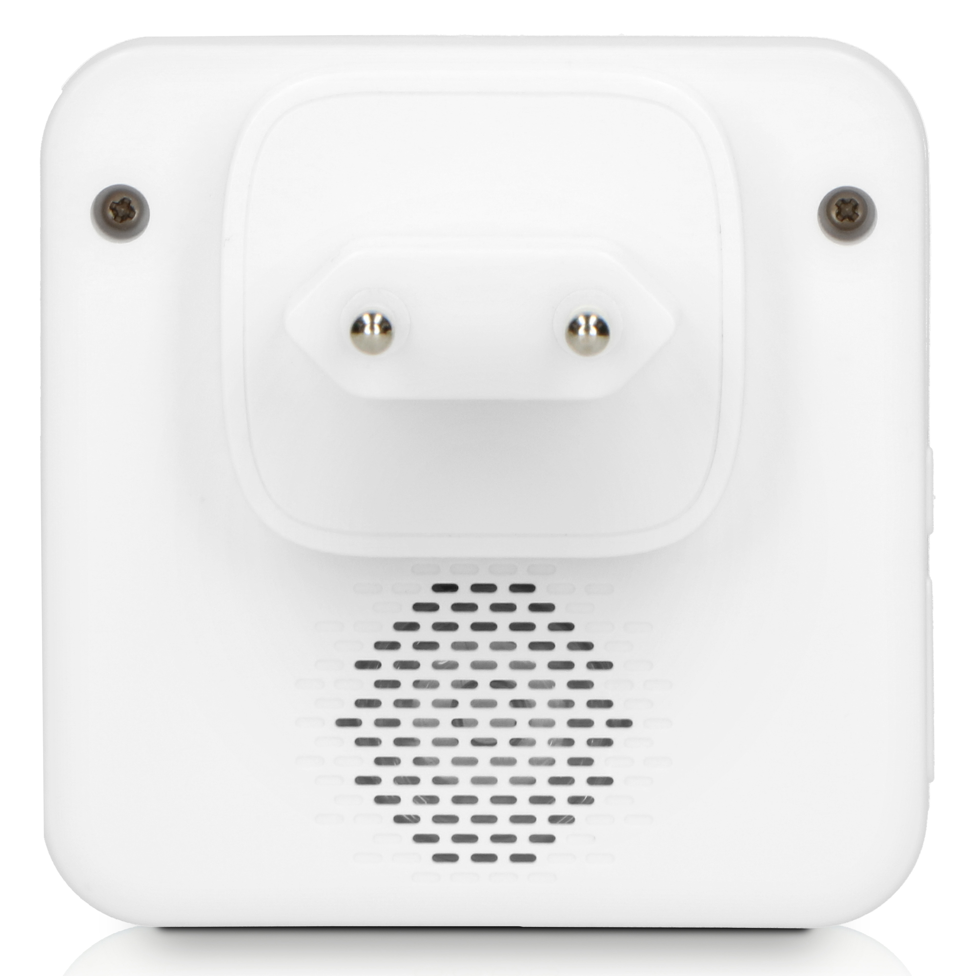 Weißes quadratisches Gerät mit Stecker und Lautsprechergitter. Zwei Schrauben sind sichtbar.