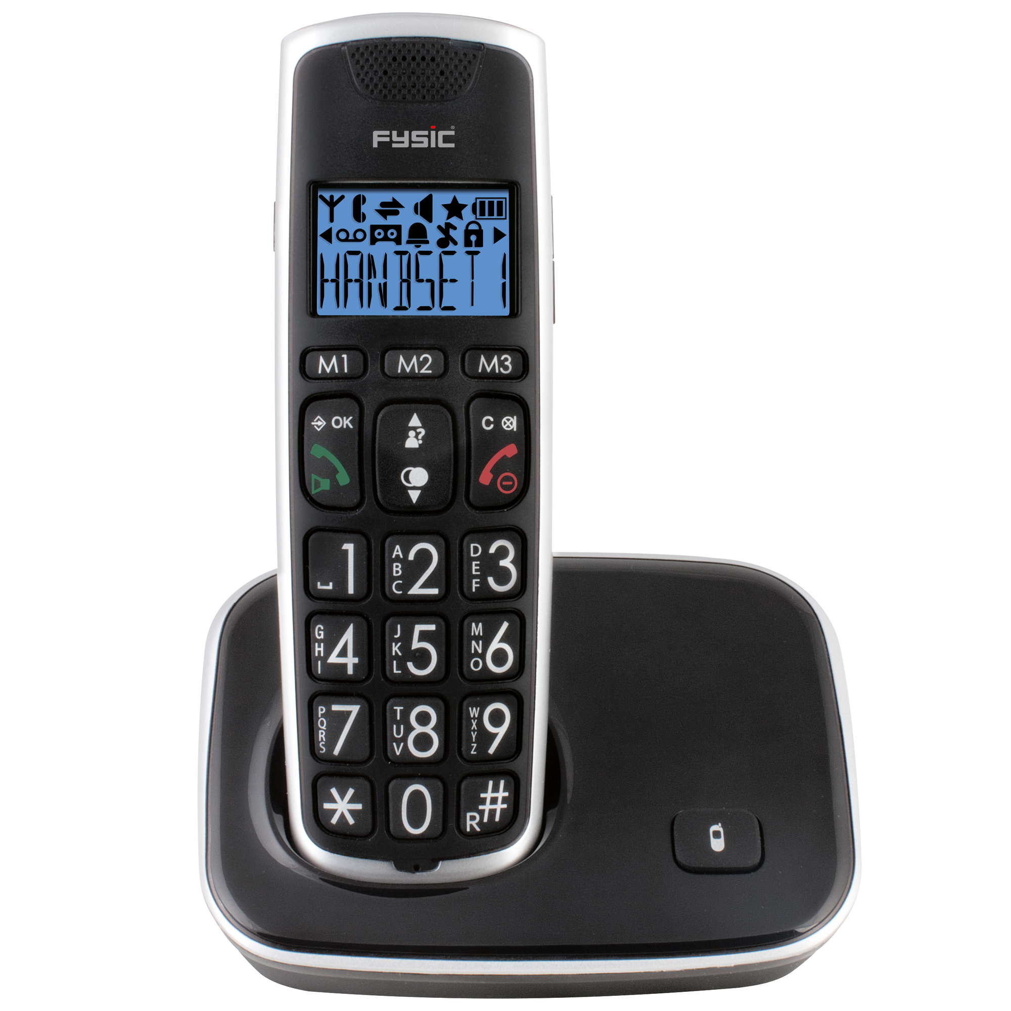 Un téléphone sans fil à gros boutons noir et blanc sur une base de chargement.