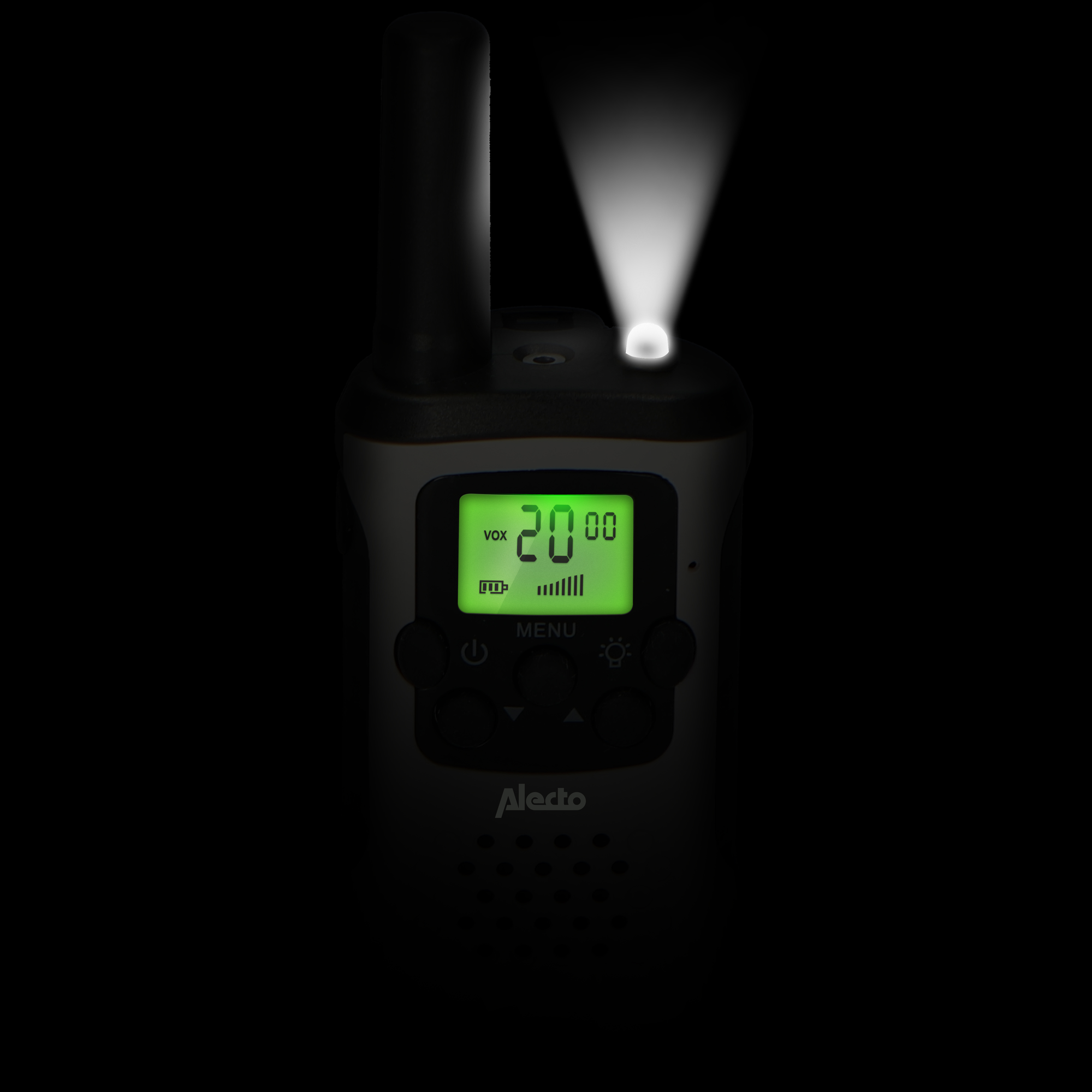Schwarzes und graues Walkie-Talkie mit grünem Display, beleuchtet mit einem Lichtstrahl.