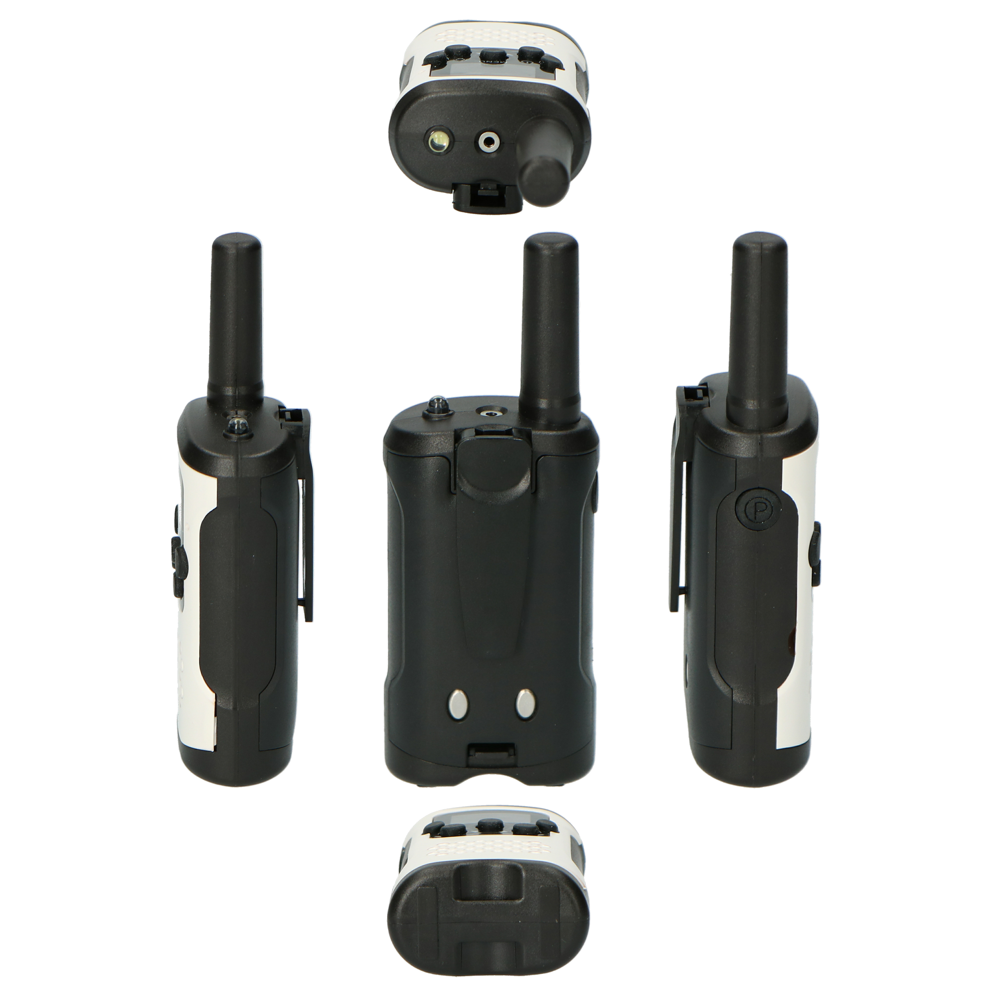 Mehrere Ansichten von schwarz-weißen Walkie-Talkies. Weißer Hintergrund.