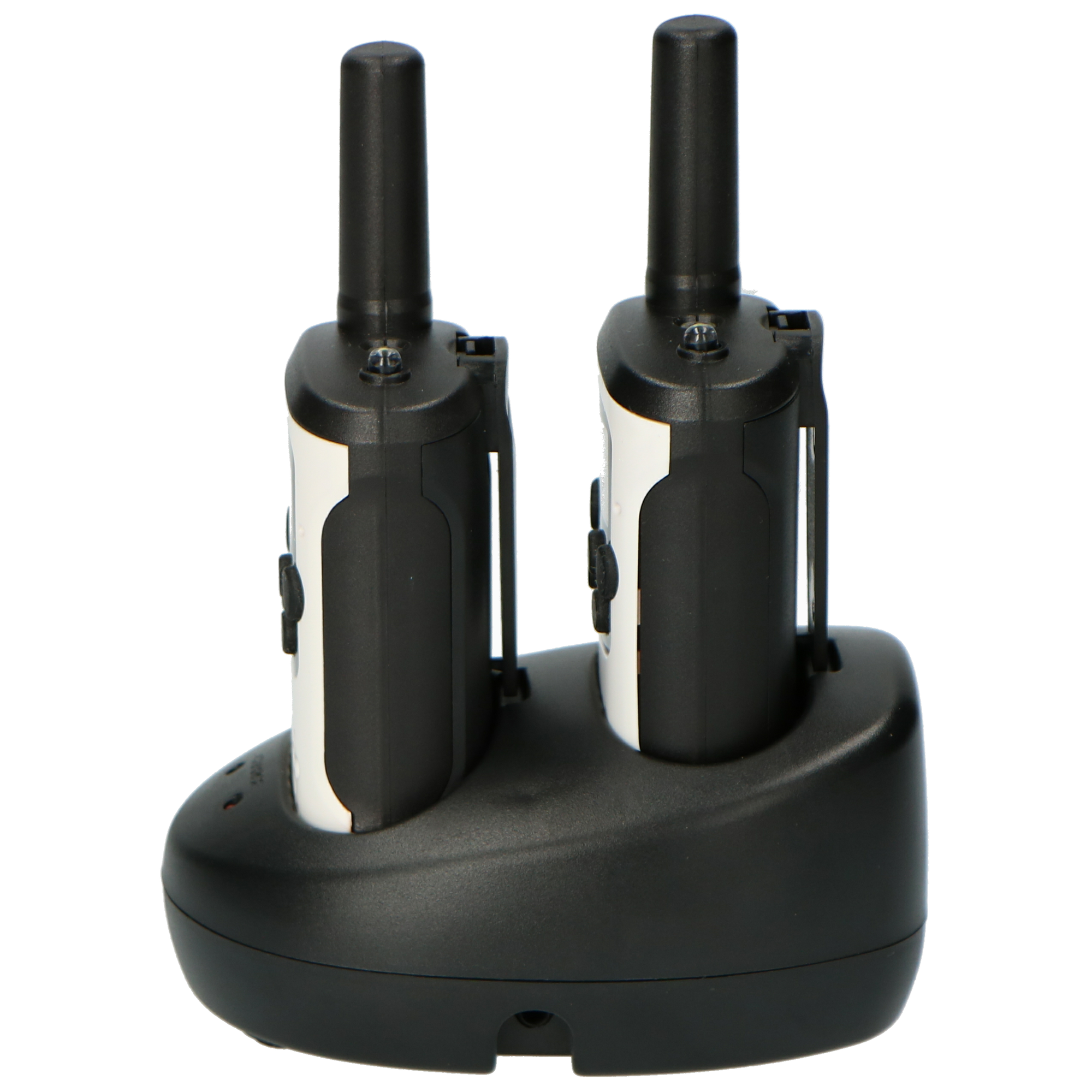 Paar Walkie-Talkies auf einer Ladestation. Schwarz-weißes Design.
