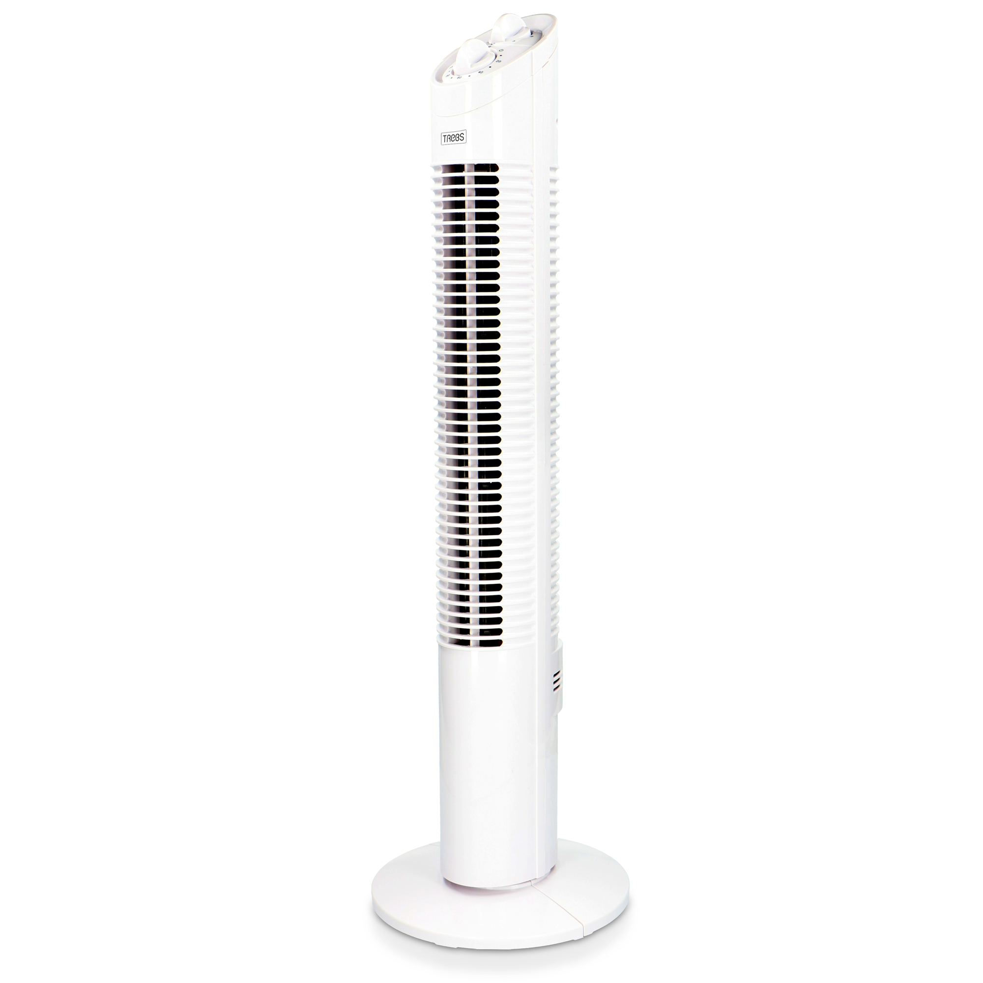 A tall white tower fan on a white base, with black vents and a control panel at the top.