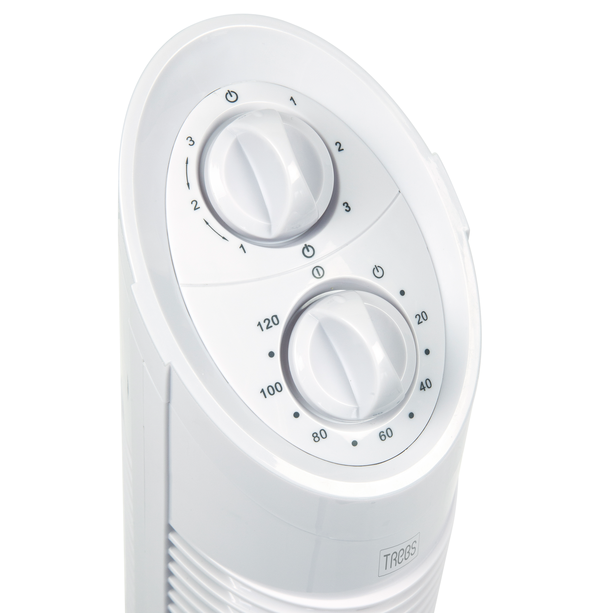 White fan with dials for speed and timer settings. Numbers and symbols are visible.