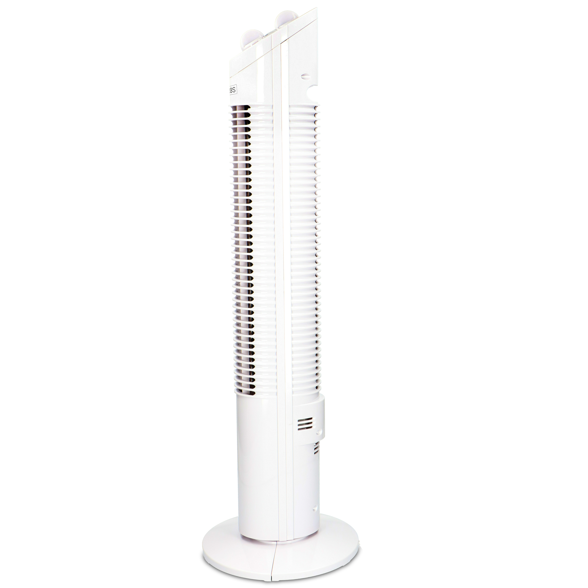 White tower fan on a white surface. The fan has vertical slats. The background is white.