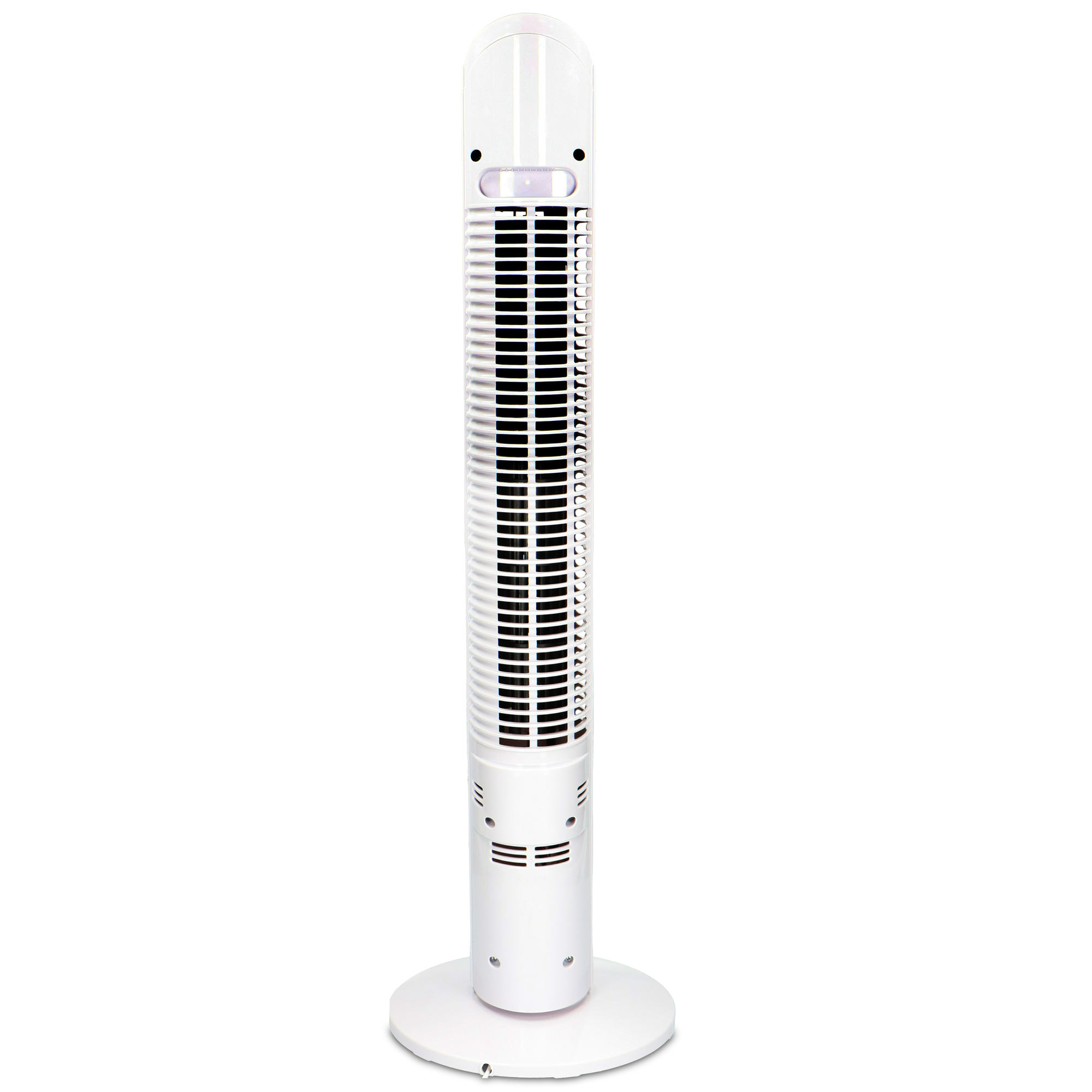 White, tall, vertical tower fan. It has a round base and a series of vertical slats.