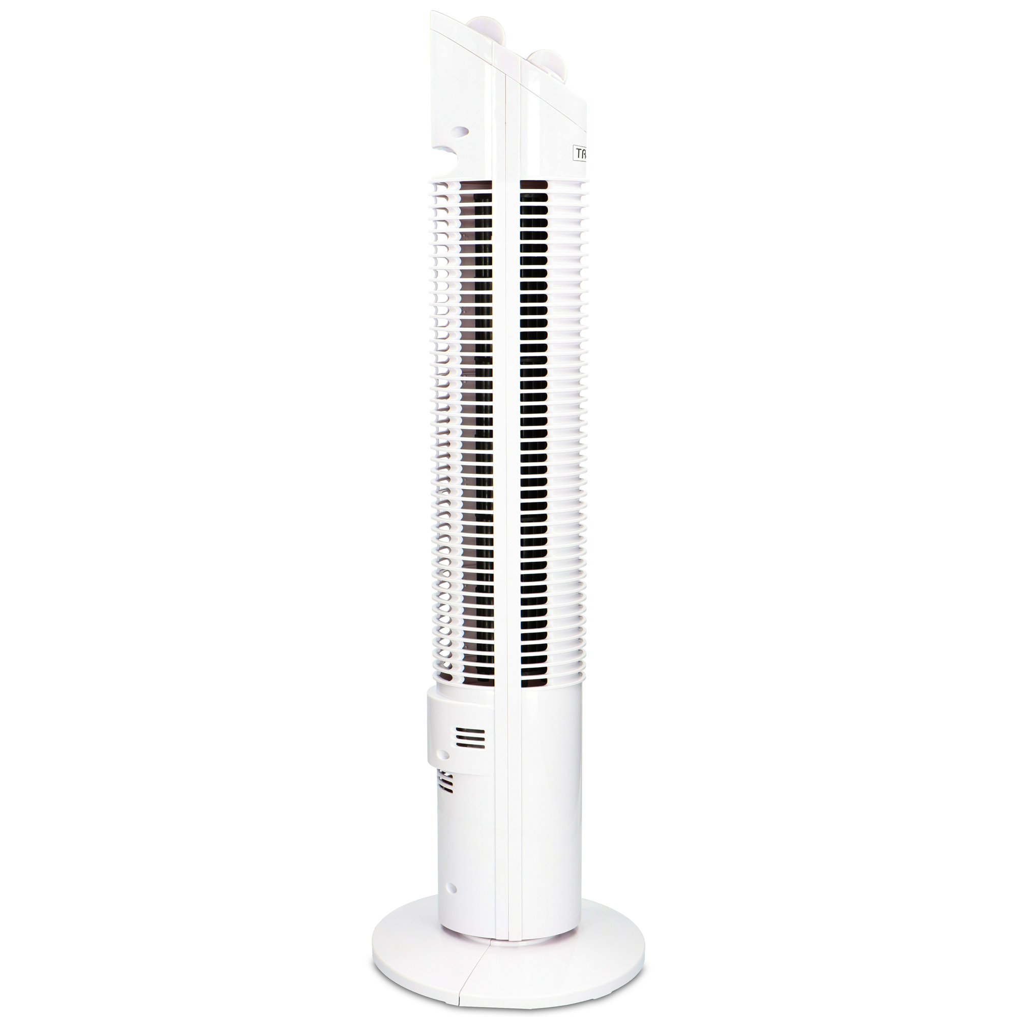 White tower fan with vertical blades. White base and control panel.