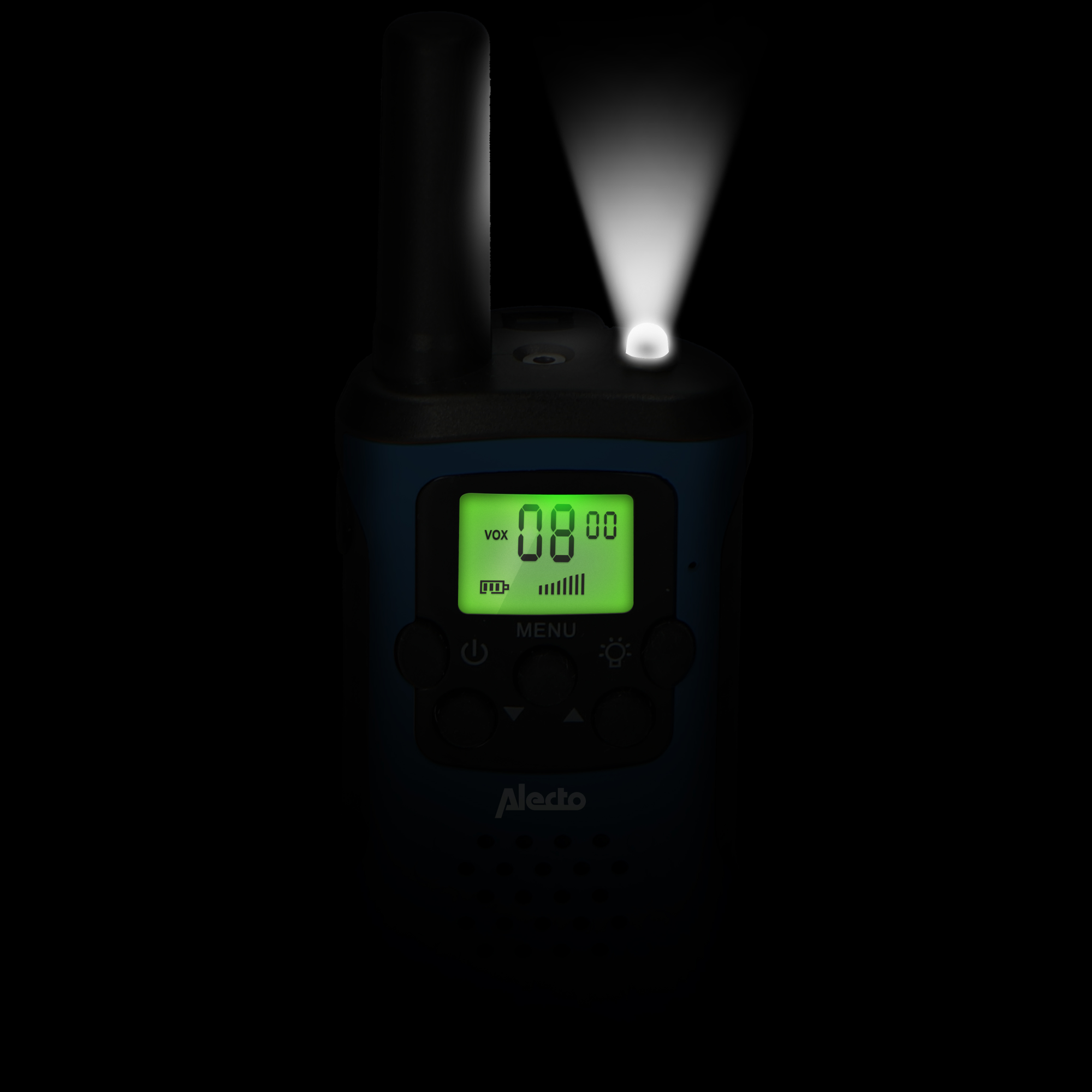 A blue walkie-talkie with a green screen, a white light is on the top, on a black background.