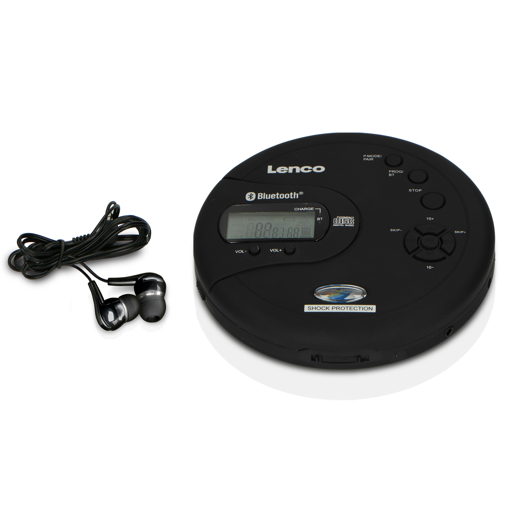 Schwarzer tragbarer CD-Player mit Kopfhörern und Bluetooth-Logo. Weißer Hintergrund.