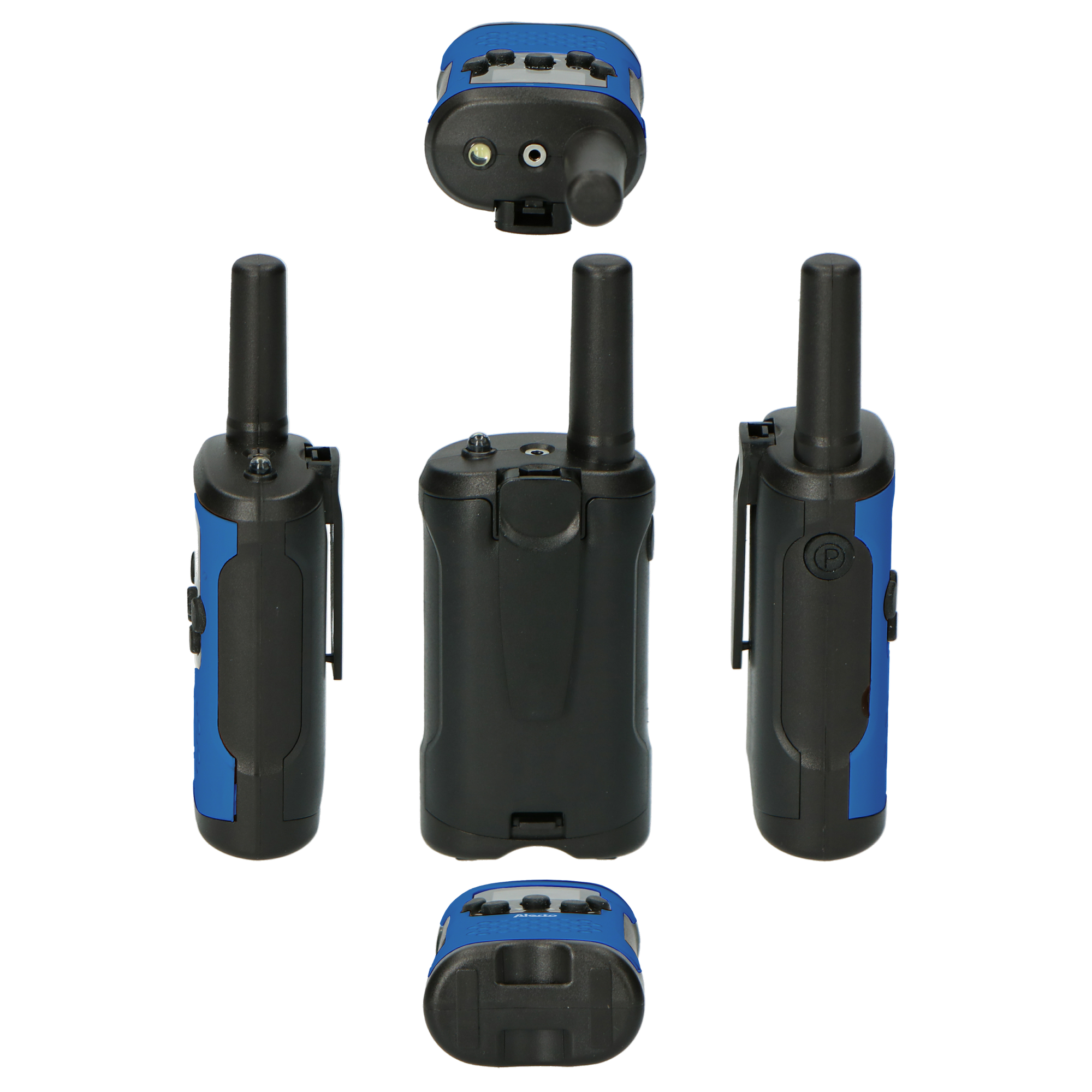 Five walkie-talkies. Black and blue, antenna, buttons, and various angles.