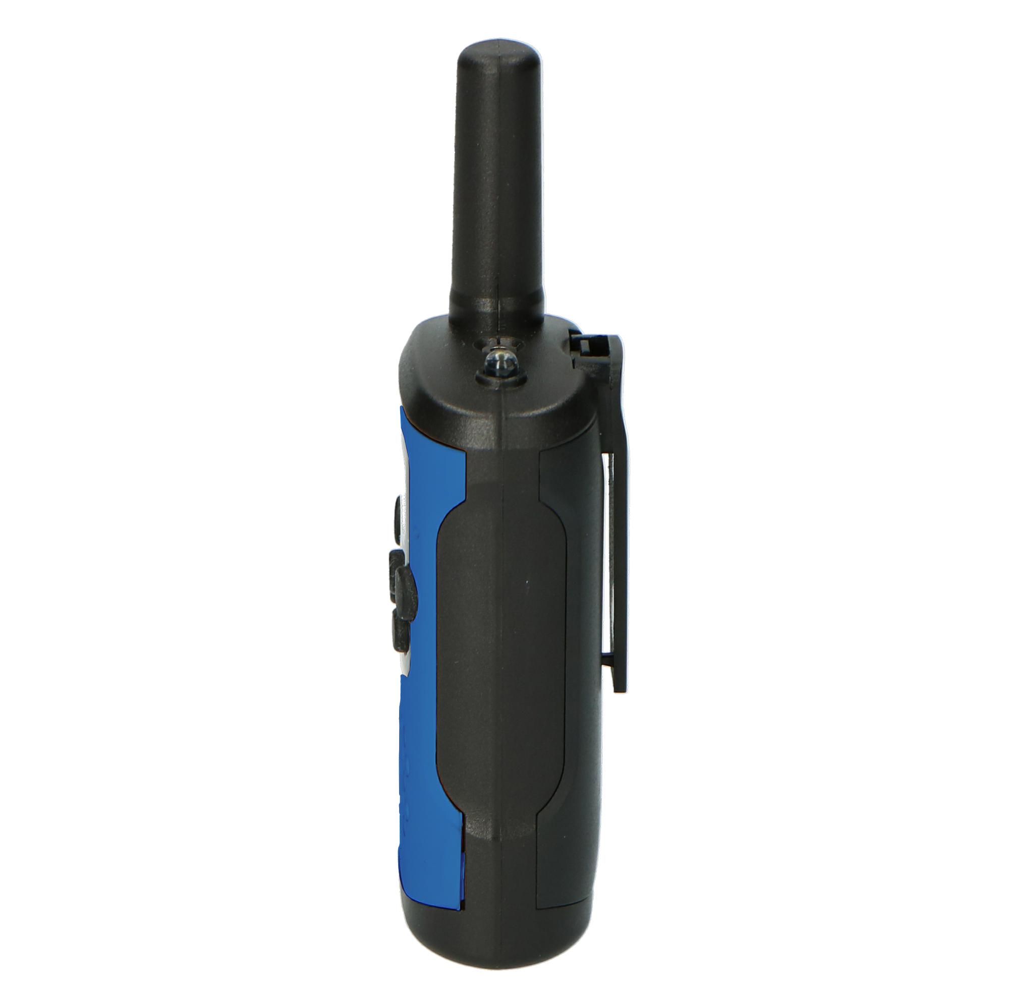 Blue and black walkie-talkie, side view, with antenna and buttons, on white.