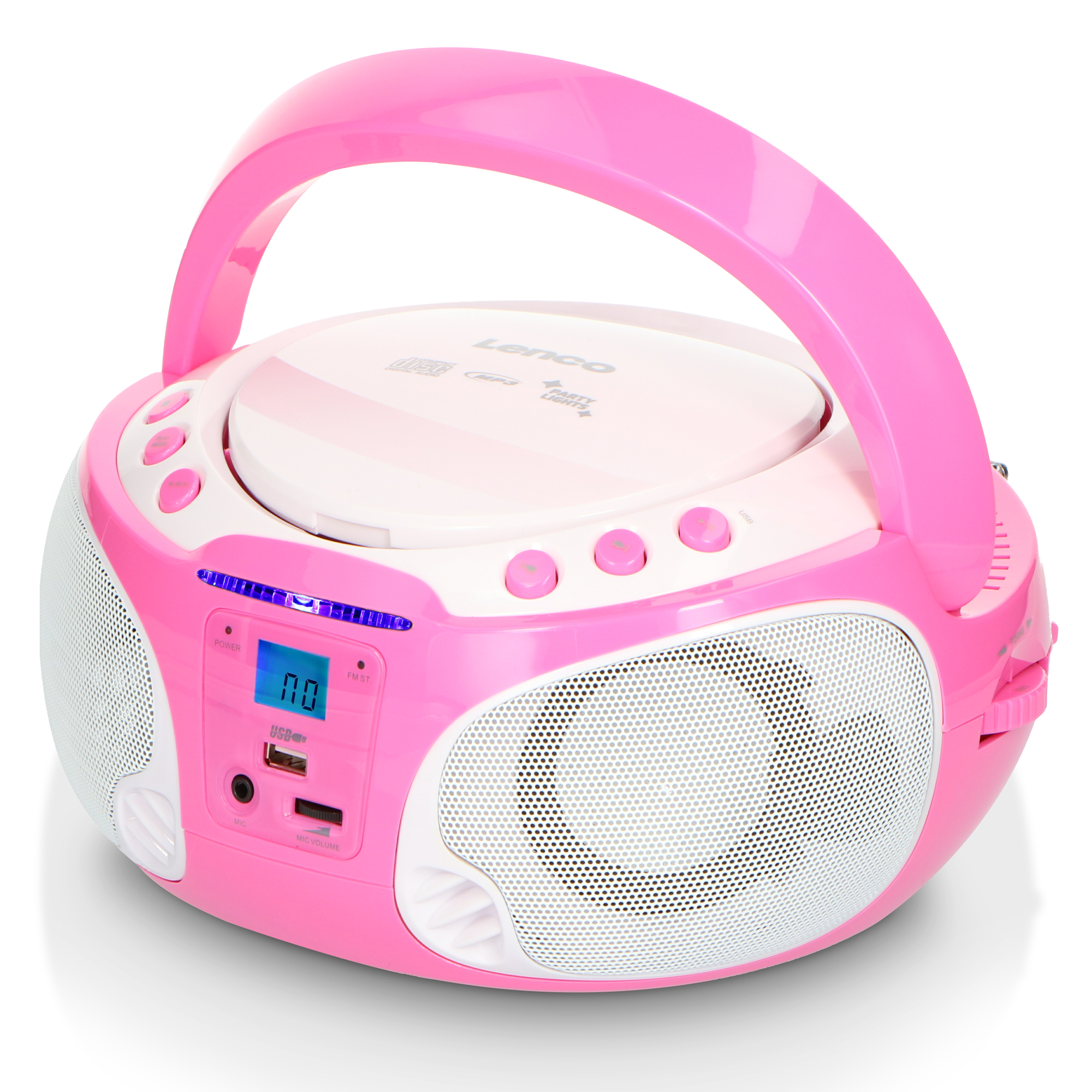 Ein rosa Lenco-Boombox mit Griff und CD-Player. Es hat Knöpfe und Lautsprecher.
