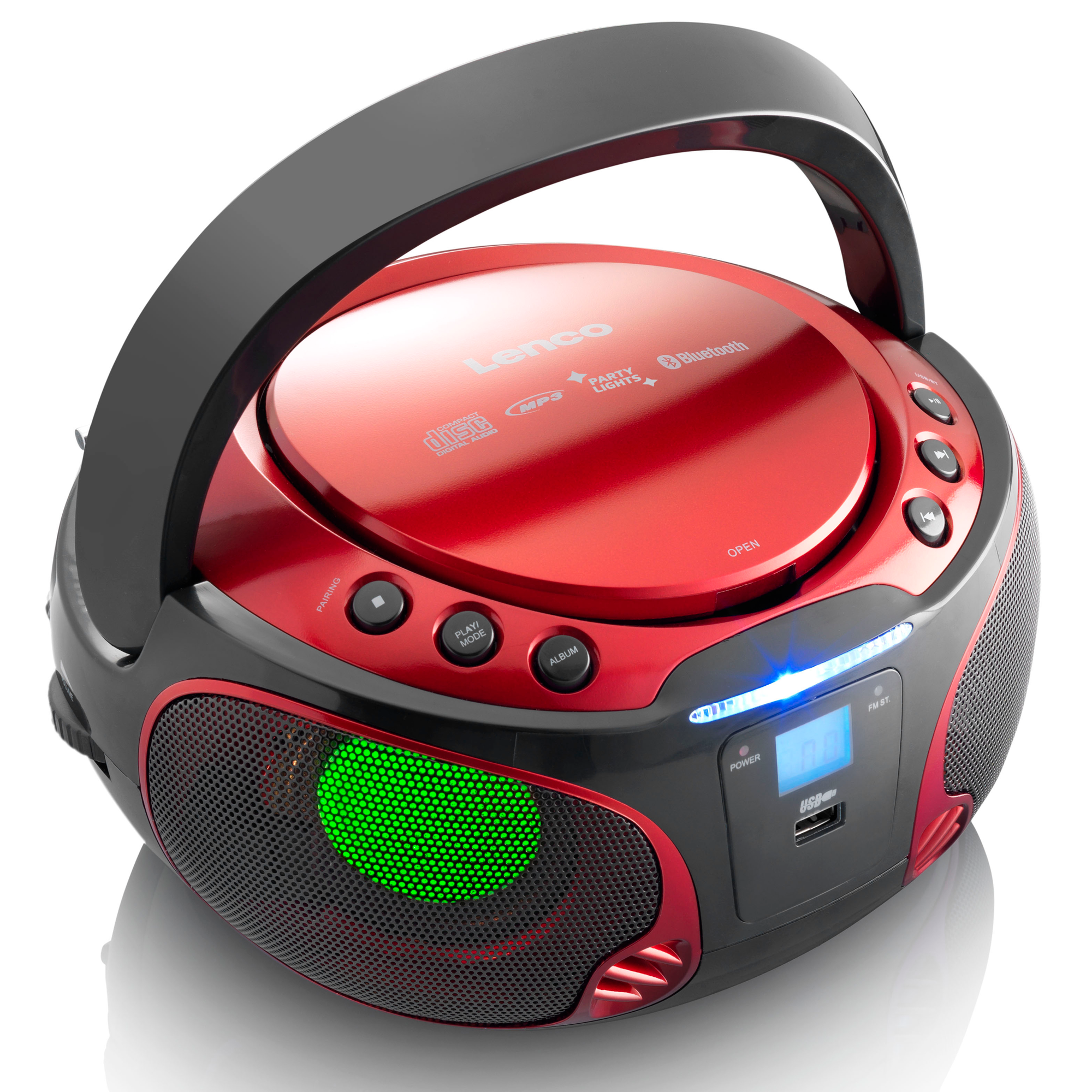 Red and black boombox style CD player with handle, speakers, and control buttons.