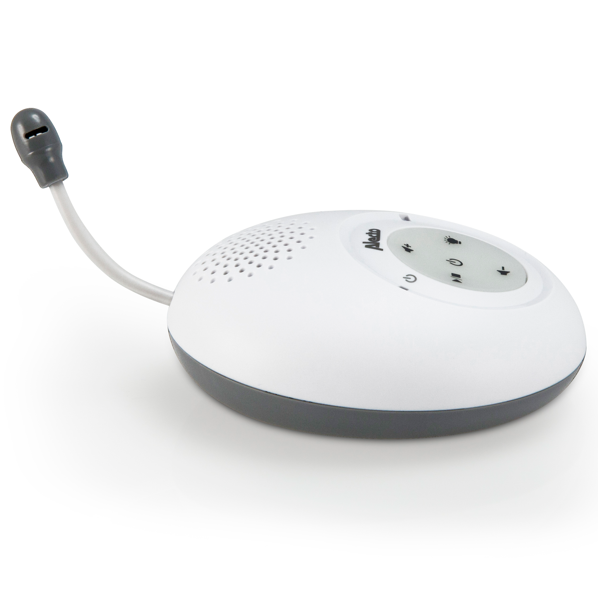 Weißer Babyphone mit gebogenem Mikrofon und Bedienelementen oben. Markenname sichtbar.