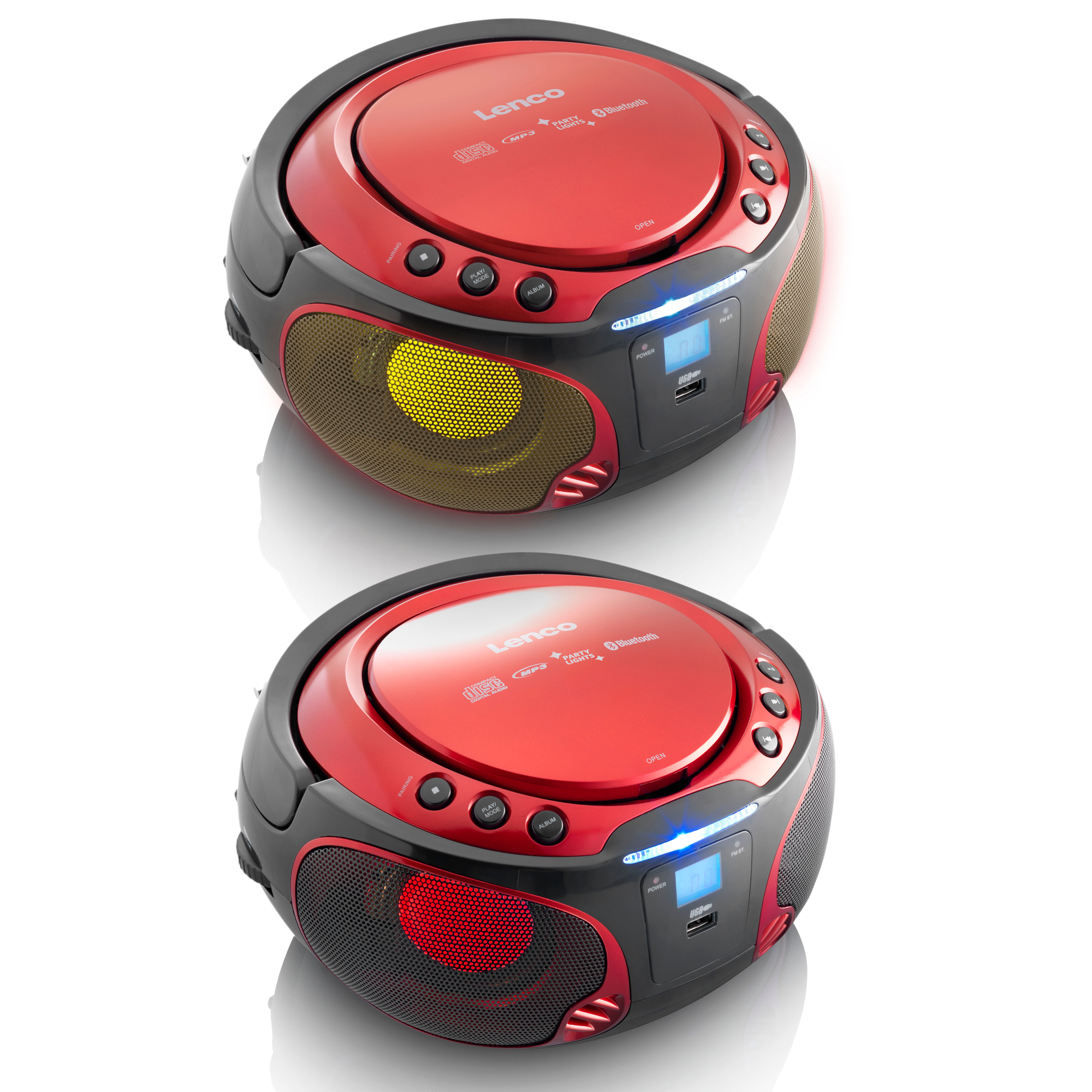 Red and black Lenco CD player. It has a CD slot, speakers, and control buttons.