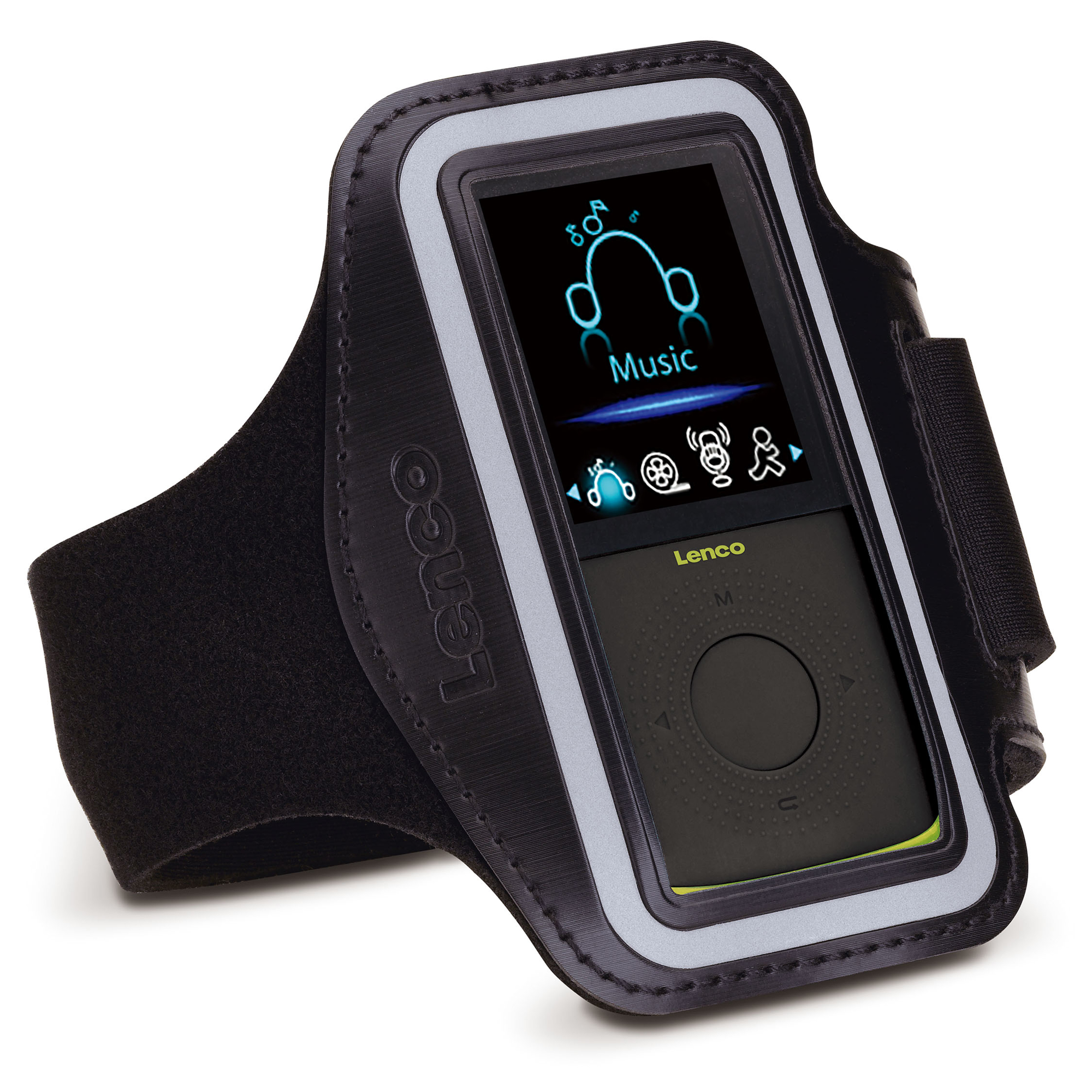 Schwarzes Armband mit einem Musik-Player. Der Player zeigt Musiksymbole und einen digitalen Bildschirm. Das Lenco-Logo ist sichtbar.