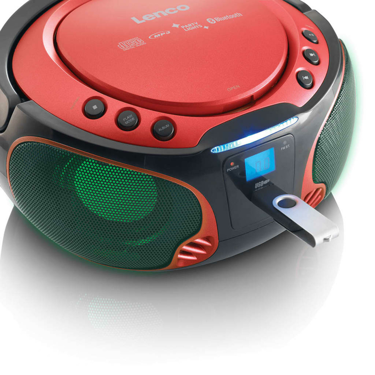 Red and black boombox with CD, MP3, and Bluetooth features, with a USB drive inserted.