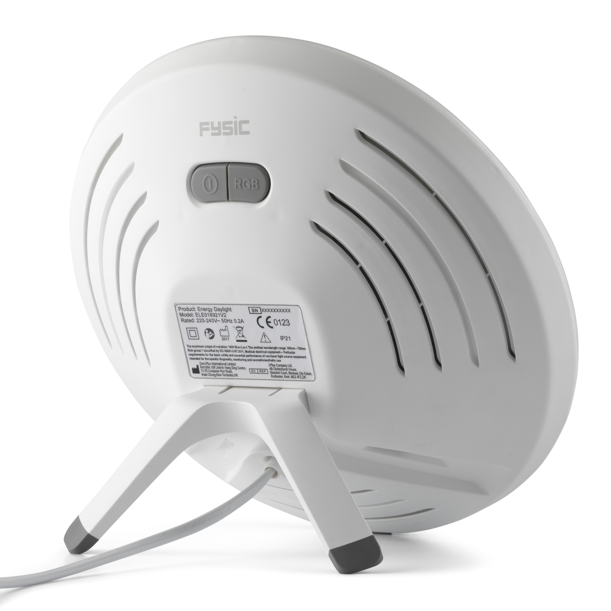 White lamp with a stand and a power cord, the back of it is visible. Isolated on white background.